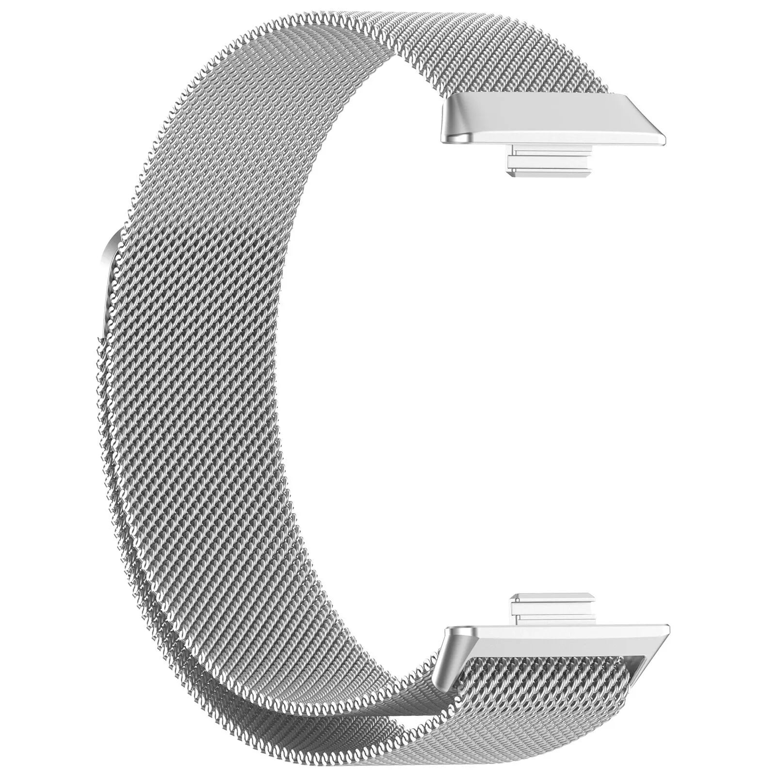 Ein silbernes Metallarmband, aus gewebtem Mesh. Es hat zwei silberne Verschlüsse. Der Hintergrund ist weiß.