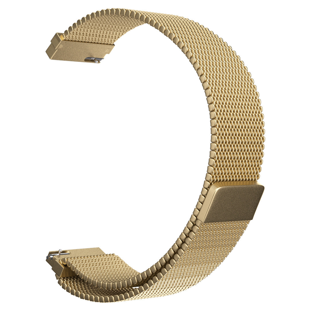 Ein gebogenes, goldenes Uhrenarmband aus Mesh. Das Band befindet sich auf weißem Hintergrund. Das Band hat an beiden Enden Metallverbinder.