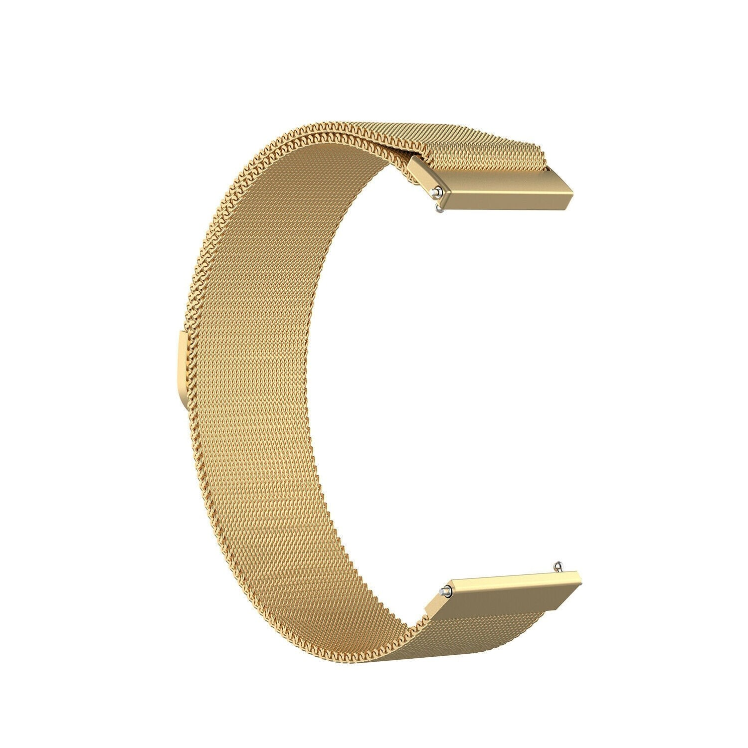 Ein goldenes Metall-Uhrenarmband auf weißem Hintergrund. Das Band hat eine C-Form. Das Band ist ein Netz. Das Uhrenarmband scheint neu zu sein.