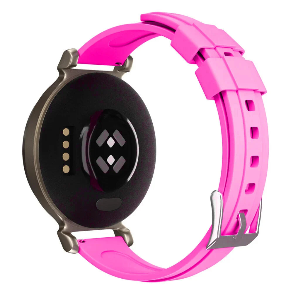 Eine Smartwatch mit schwarzem Zifferblatt und pinkfarbenem Armband wird gezeigt. Das Armband ist mit dem Zifferblatt verbunden. Es gibt eine silberne Schnalle.