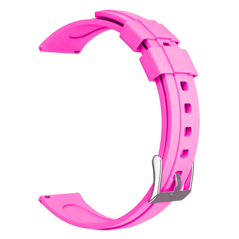 Ein pinkfarbenes Uhrenarmband vor weißem Hintergrund. Es hat eine Schnalle und Löcher zur Einstellung, mit gebogenem Design.