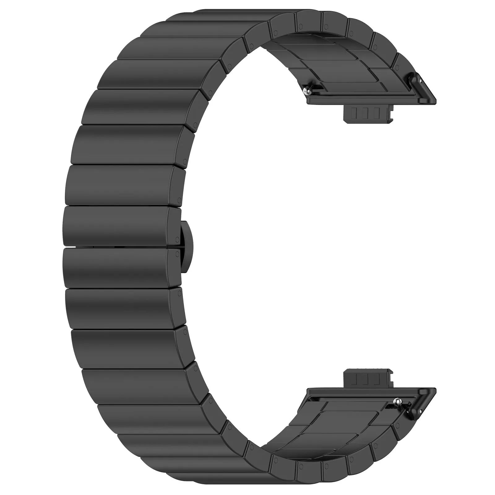 Schwarzes Metall-Uhrenarmband in C-Form mit rechteckigen Gliedern. Das Armband vor weißem Hintergrund.