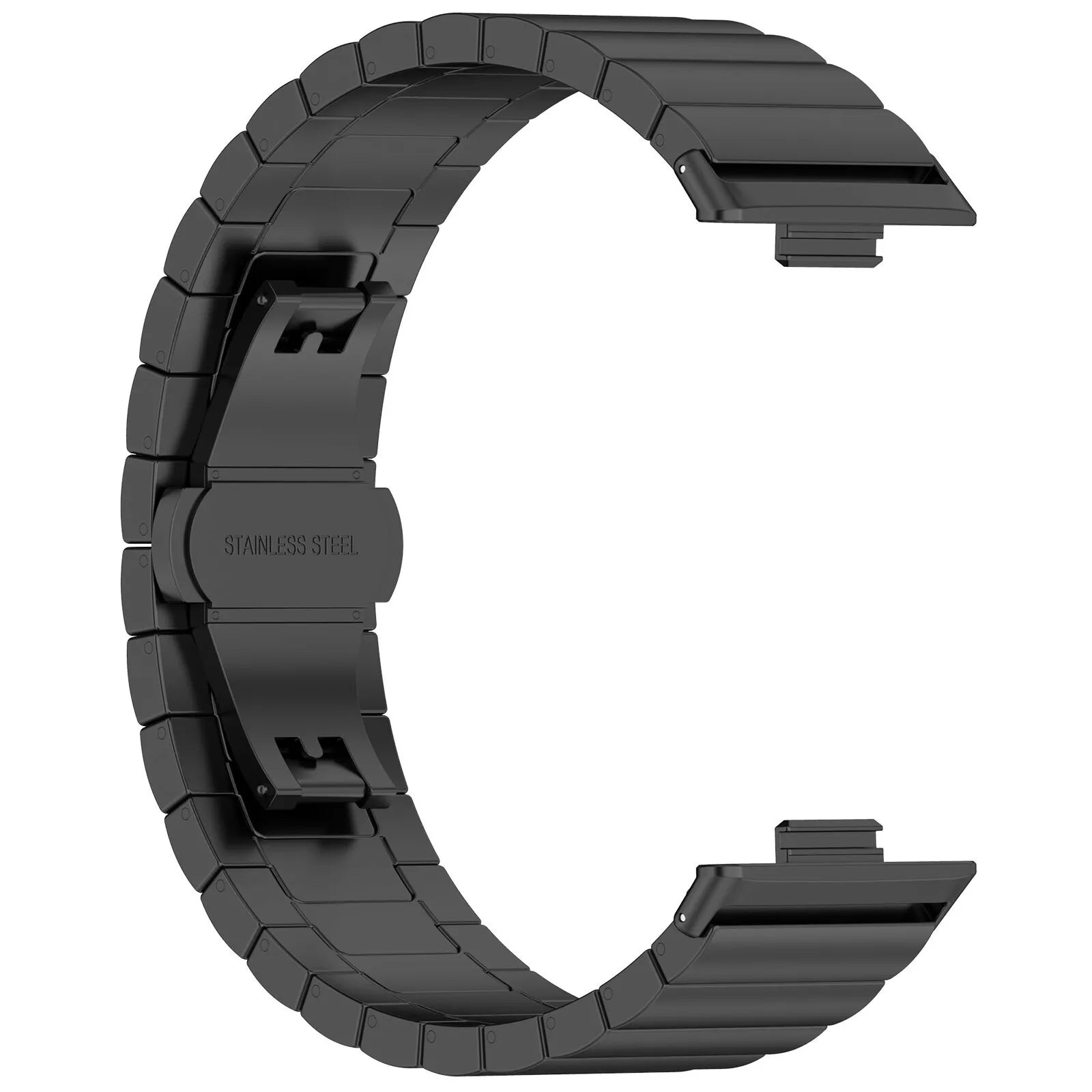 Schwarzes Edelstahl-Armband in C-Form. Es hat rechteckige Glieder und einen Edelstahlverschluss.