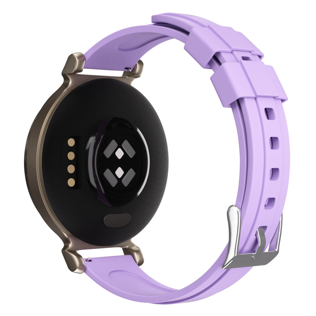 Eine Smartwatch mit lila Armband. Das Zifferblatt ist schwarz, mit Sensoren. Das Gehäuse ist metallisch, und das Armband hat eine silberne Schnalle.
