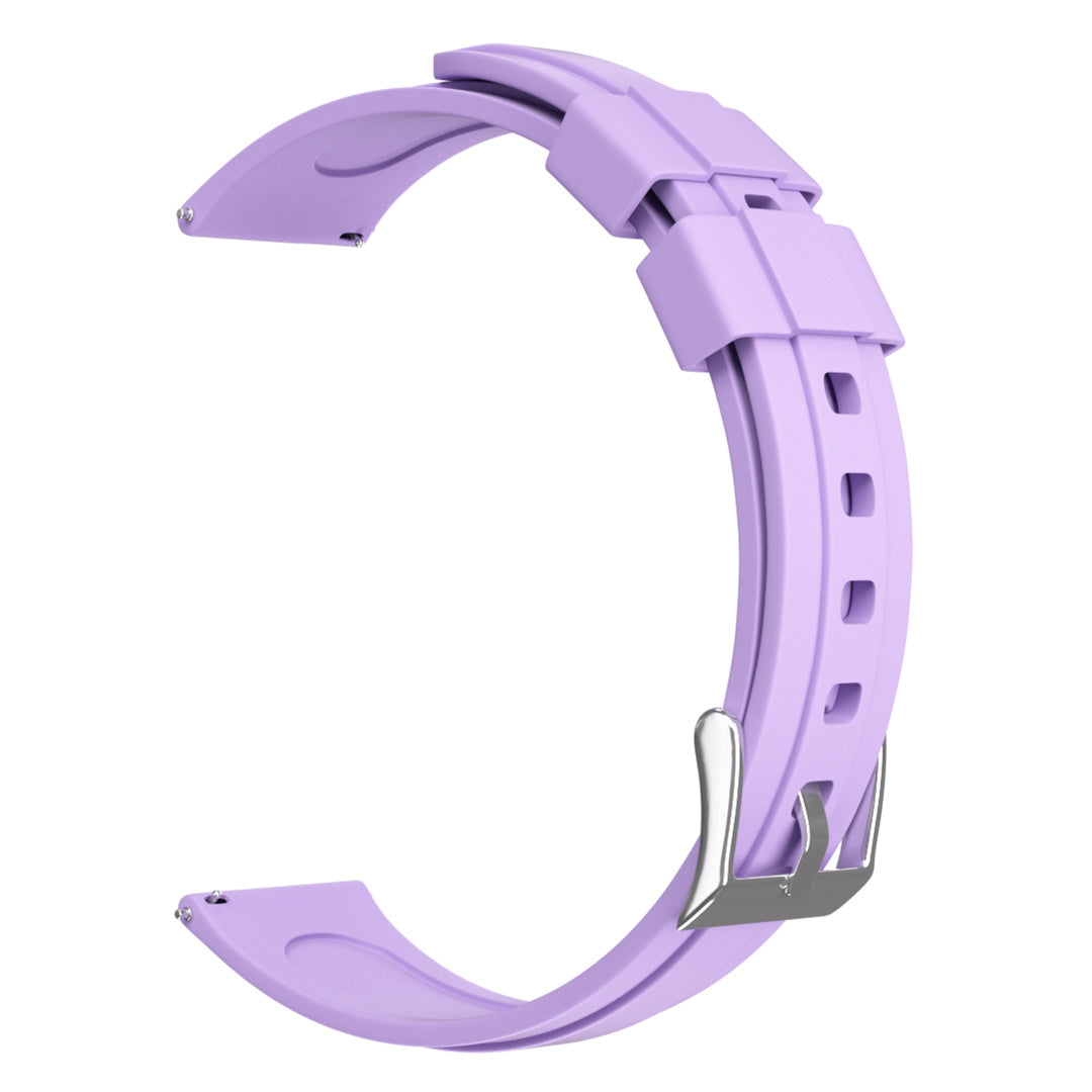Ein gebogenes, lila Uhrenarmband mit einer silbernen Schnalle. Das Armband besteht aus flexiblem Material.