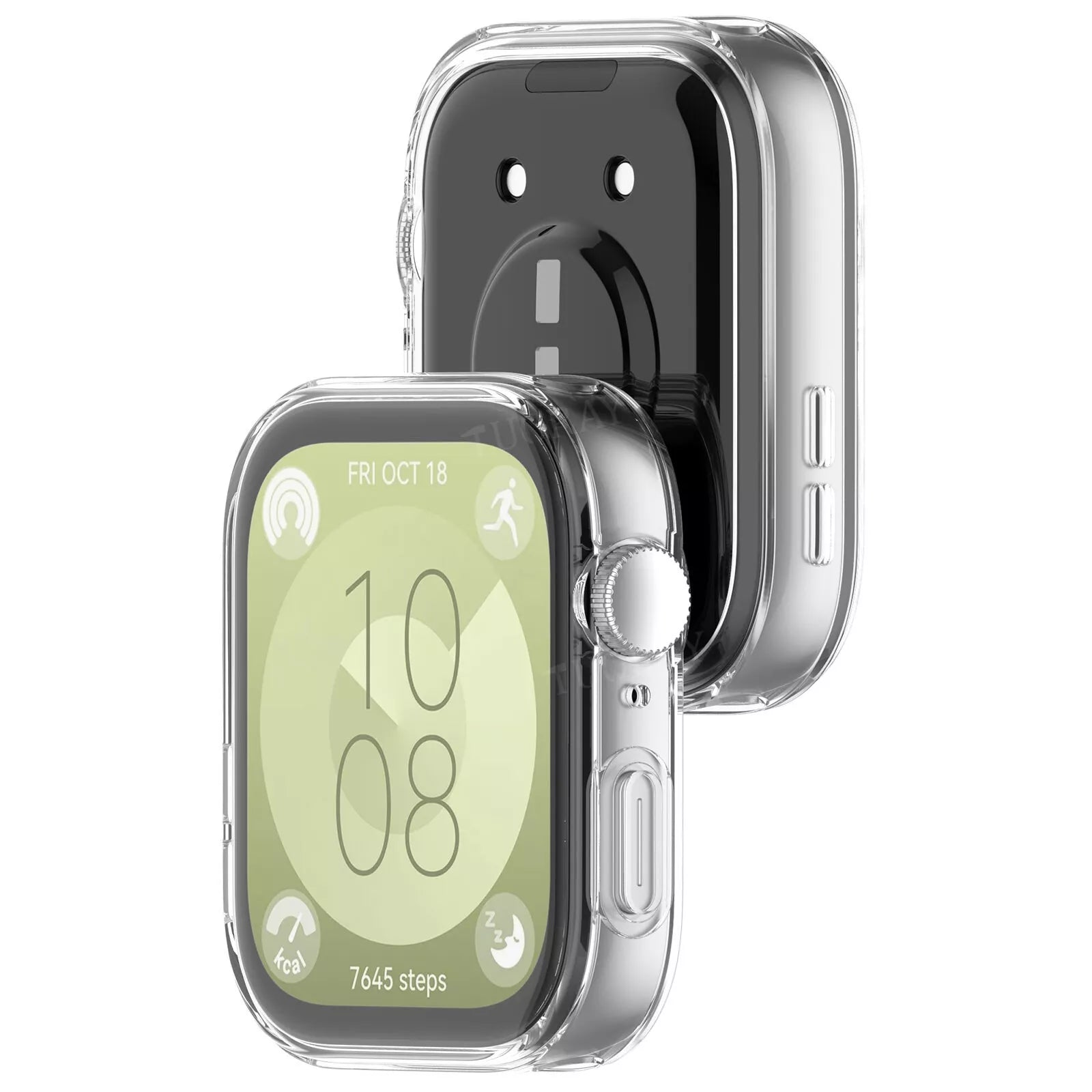 Transparente Schutzhülle auf einer Smartwatch, die Zeit und Aktivitätsdaten anzeigt. Die Hülle ist transparent.