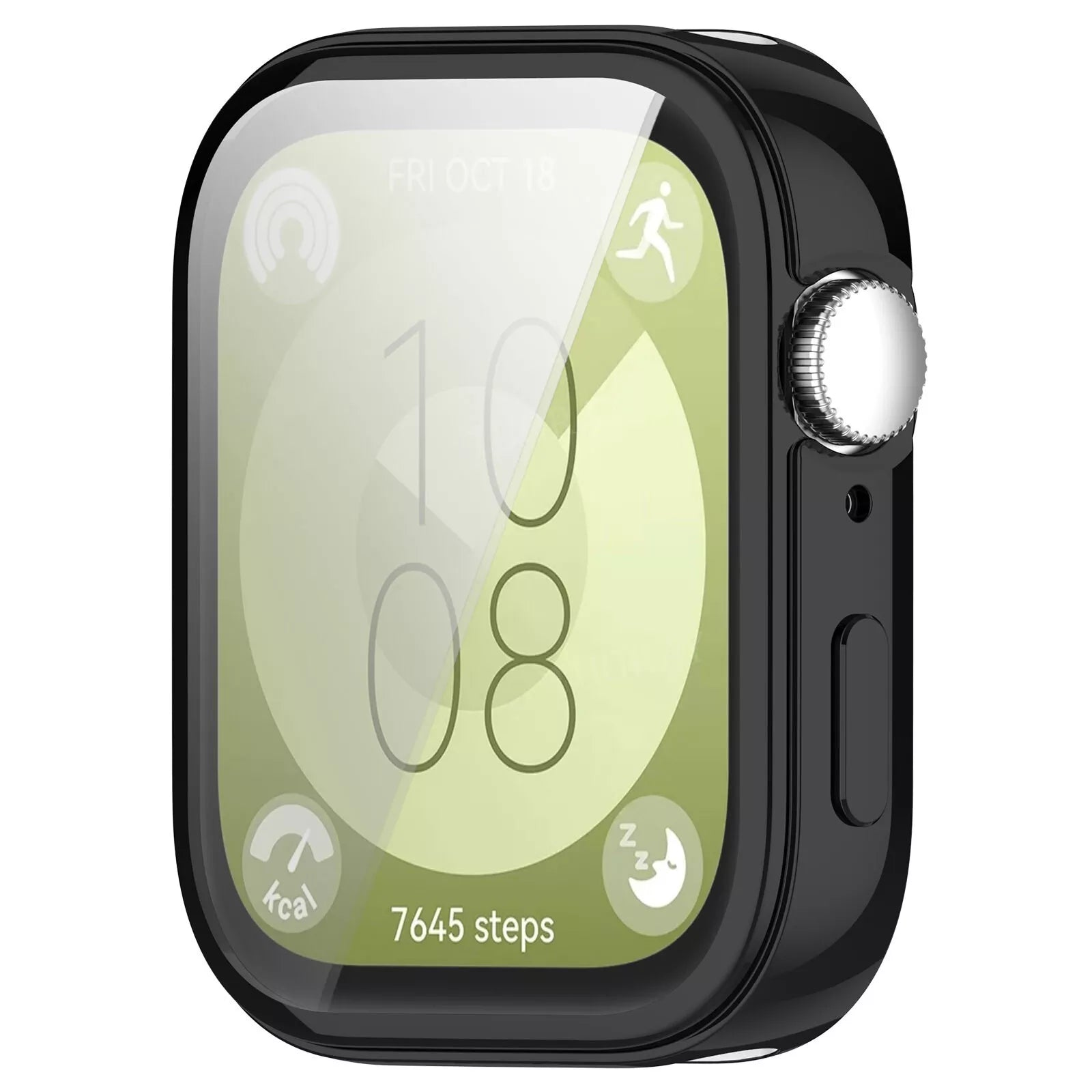 Smartwatch mit schwarzem Gehäuse, das Zeit, Datum, Schritte und Aktivitätssymbole anzeigt. Der Bildschirm zeigt 10:08 und 7645 Schritte an.