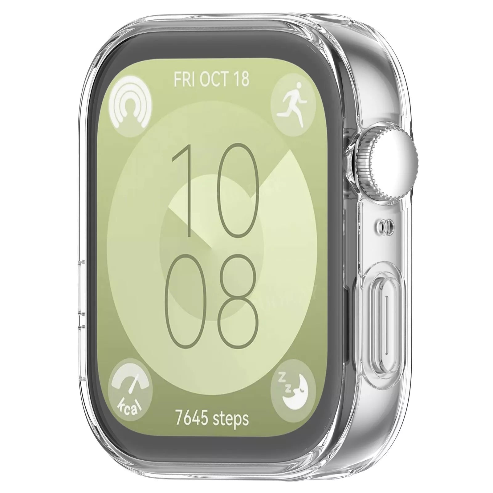 Smartwatch mit transparentem Gehäuse, das Datum, Uhrzeit und Gesundheitsdaten anzeigt. Der Bildschirm zeigt Schritte, Kalorien und Schlafdaten.