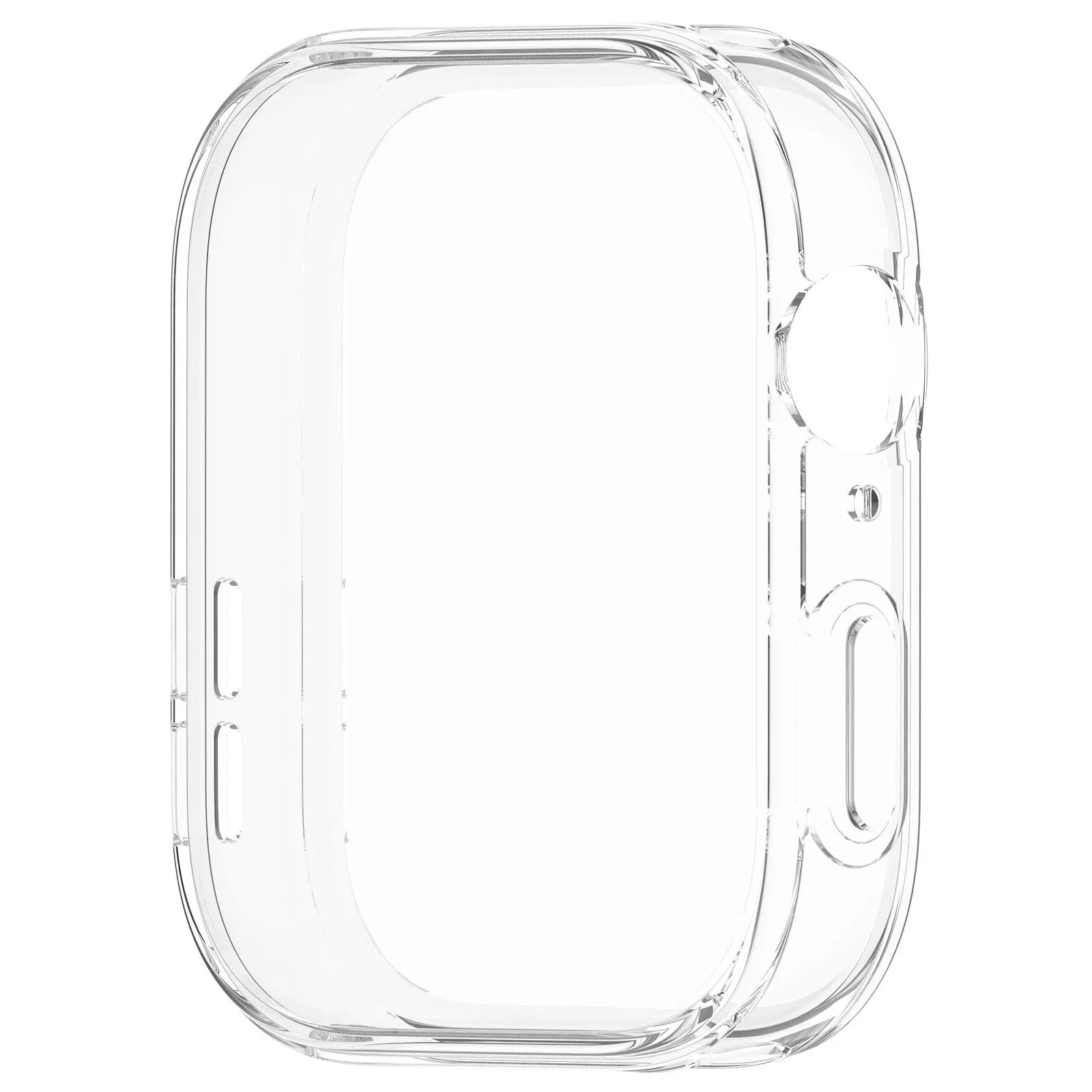 Eine transparente Schutzhülle für eine Smartwatch mit gebogenem Design und Aussparungen für Knöpfe.