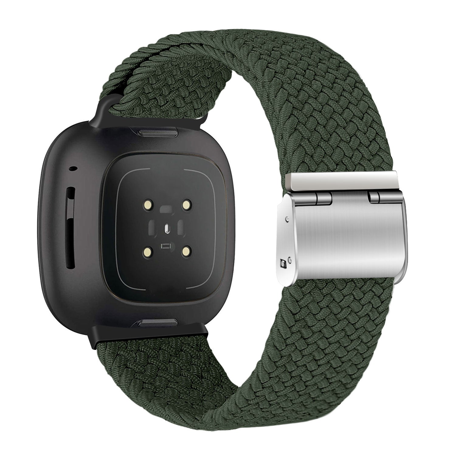 Eine schwarze Smartwatch mit einem dunkelgrünen gewebten Armband. Das Armband hat einen silbernen Verschluss. Die Rückseite der Uhr hat Sensoren.