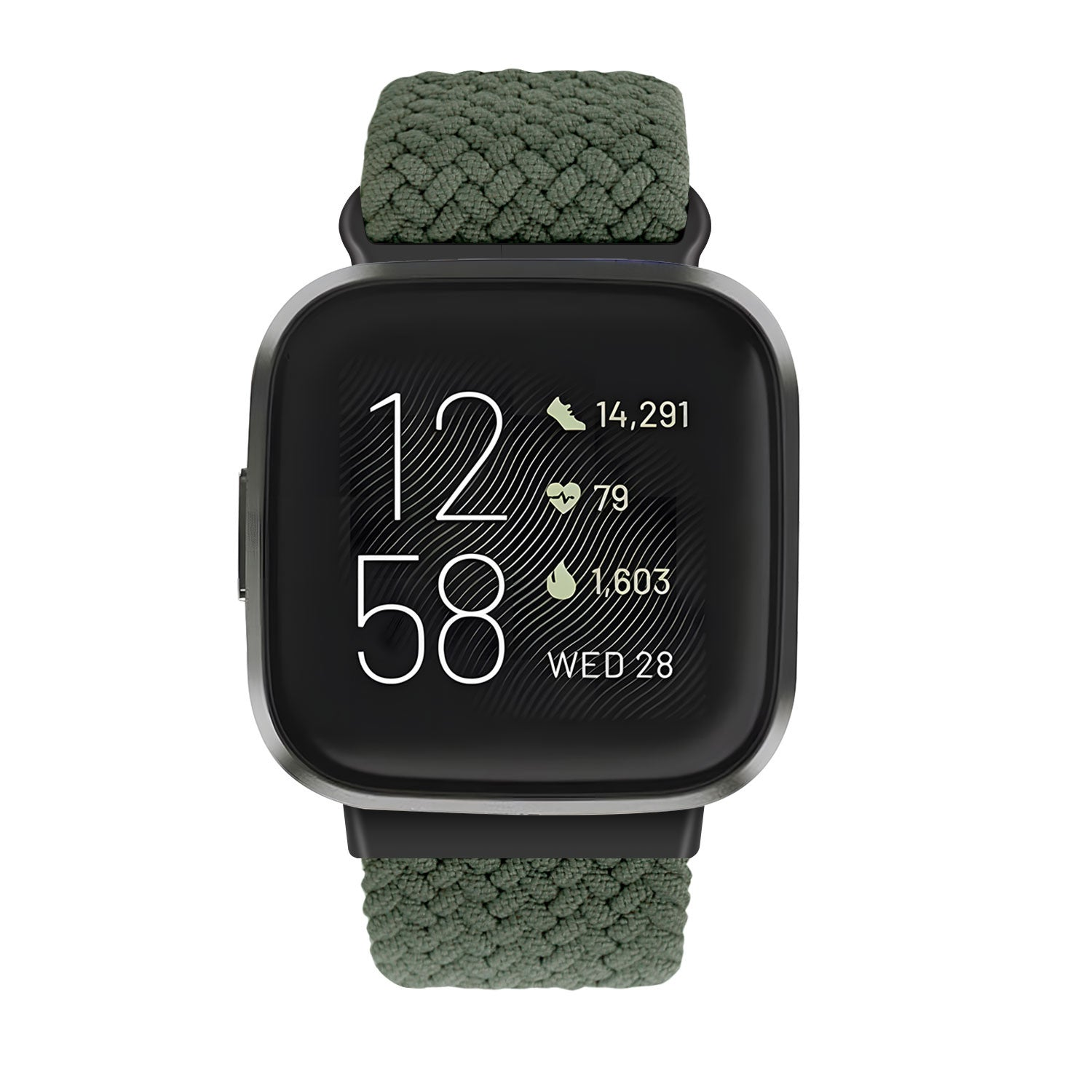 Eine Smartwatch mit grünem, gewebtem Armband. Das Zifferblatt zeigt Uhrzeit, Schritte, Herzfrequenz und Datum an.
