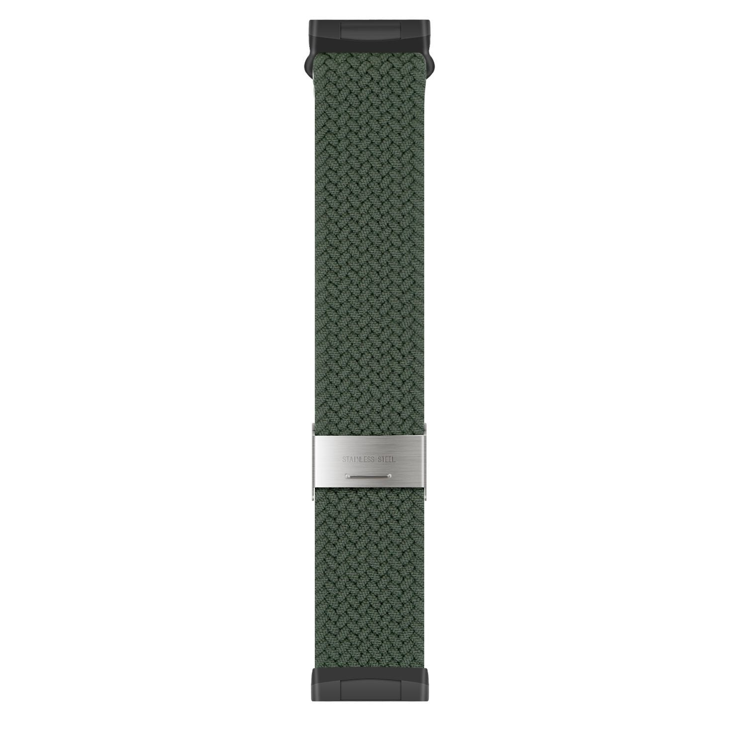 Ein grünes, gewebtes Uhrenarmband mit Edelstahlverschluss. Schwarze Anschlüsse an jedem Ende.