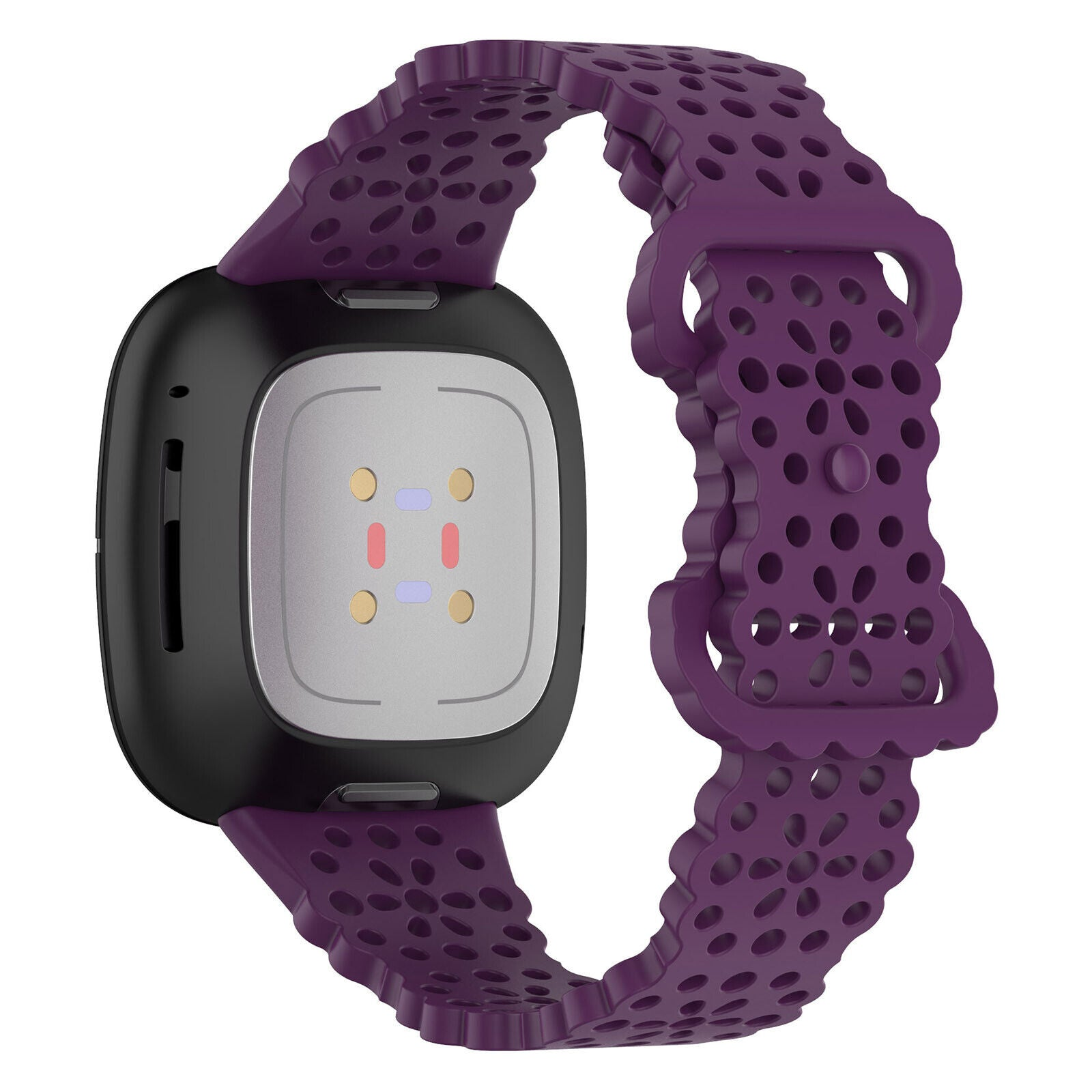 Eine lila Smartwatch mit perforiertem Armband wird angezeigt. Das Zifferblatt ist schwarz mit einem silbernen Zentrum, das orange und rote Sensoren hat.