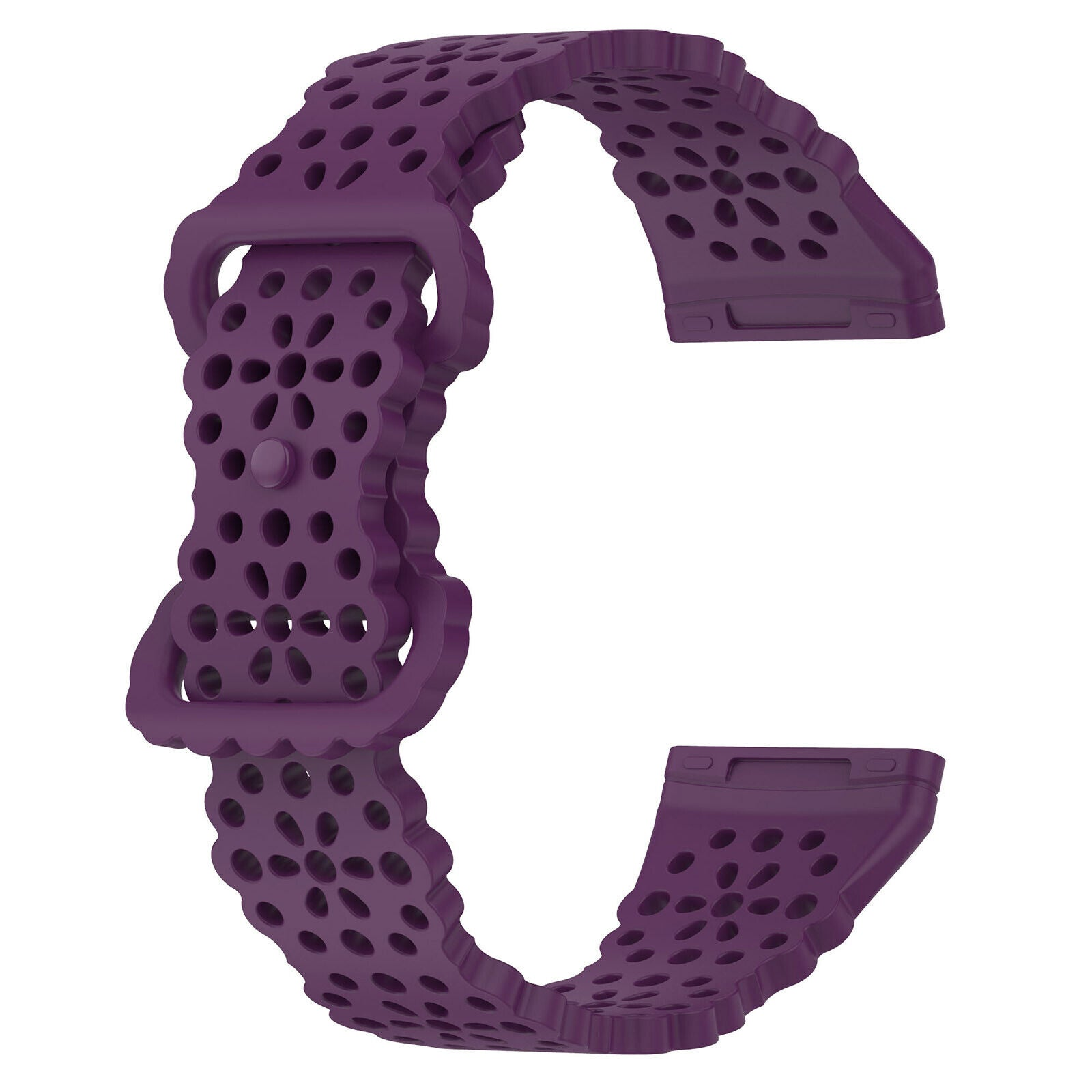 Ein lila Uhrenarmband mit mehreren Löchern, einer Schnalle und zwei Enden. Das Armband ist gebogen und scheint aus Silikon zu sein.