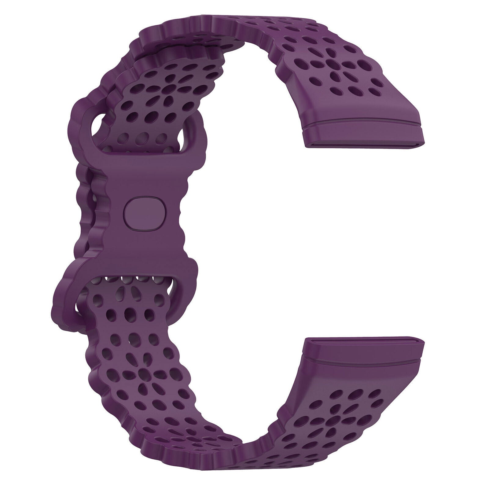 Ein lila Uhrenarmband wird vor einem weißen Hintergrund gezeigt. Es hat ein perforiertes Design. Das Armband ist abgenommen.