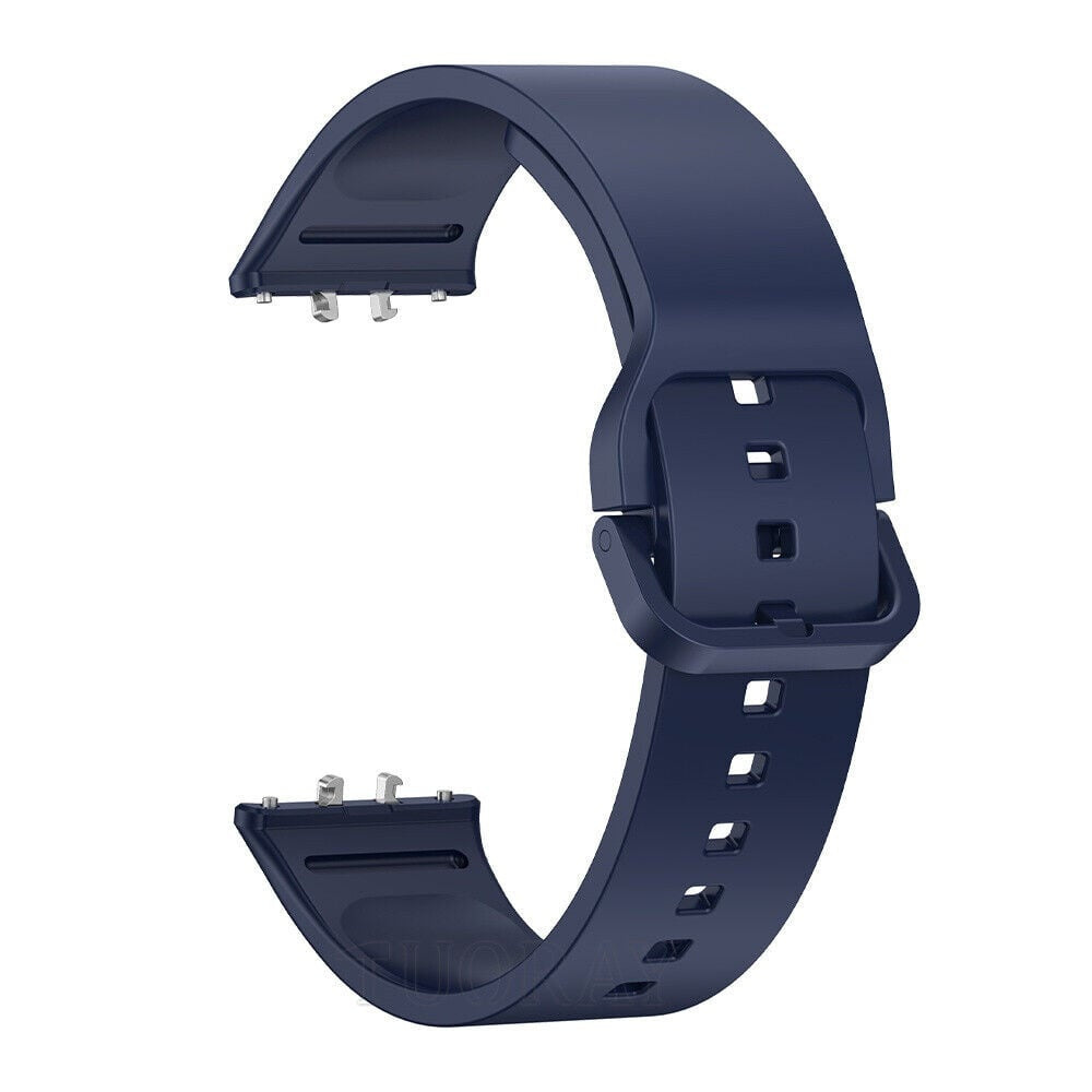 Ein dunkelblaues Uhrenarmband liegt auf weißem Hintergrund. Es ist gebogen und hat eine Schnalle und Stiftverbinder an jedem Ende.