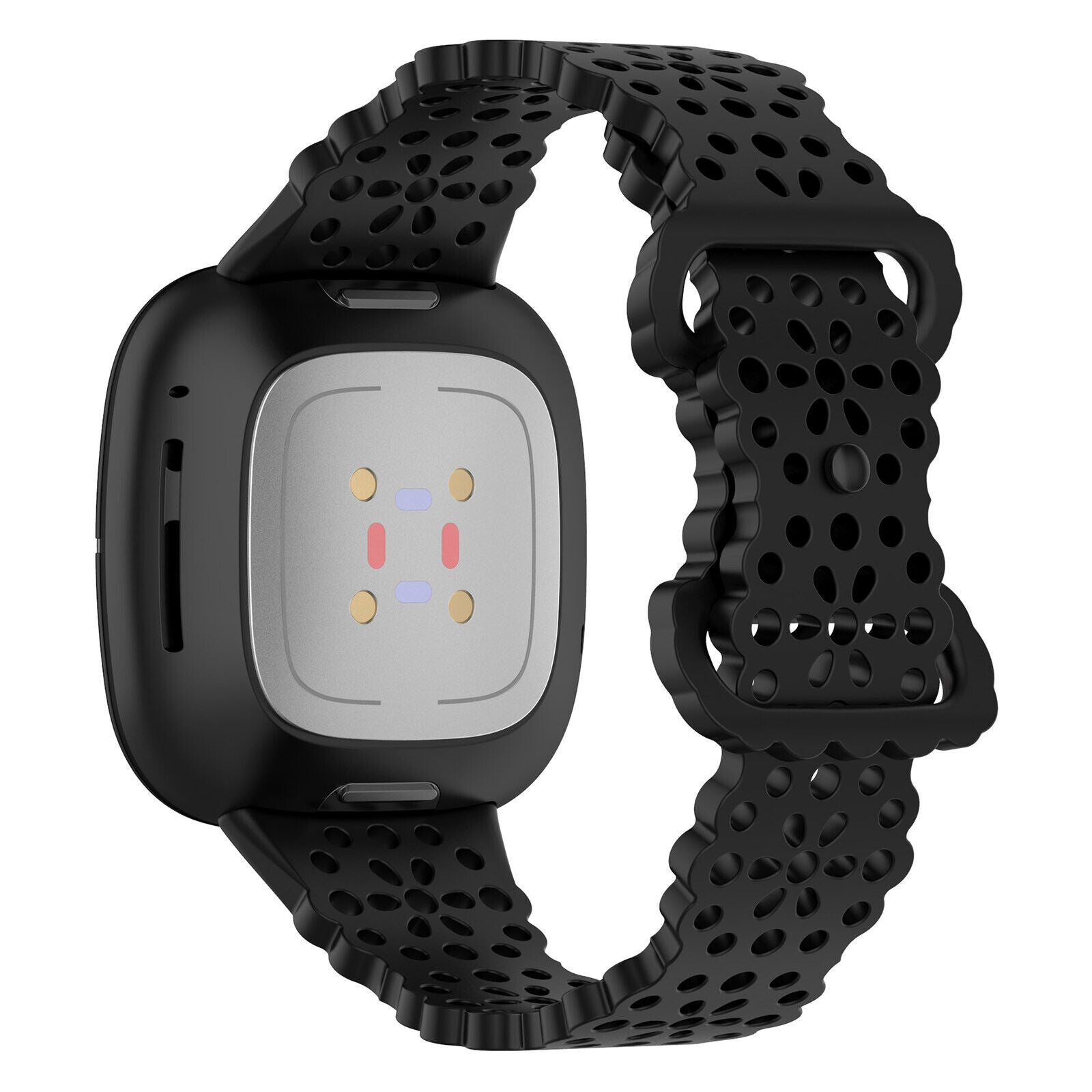 Eine schwarze Smartwatch mit perforiertem Armband wird vor weißem Hintergrund gezeigt. Das Zifferblatt hat eine silberne Mitte mit farbigen Punkten.