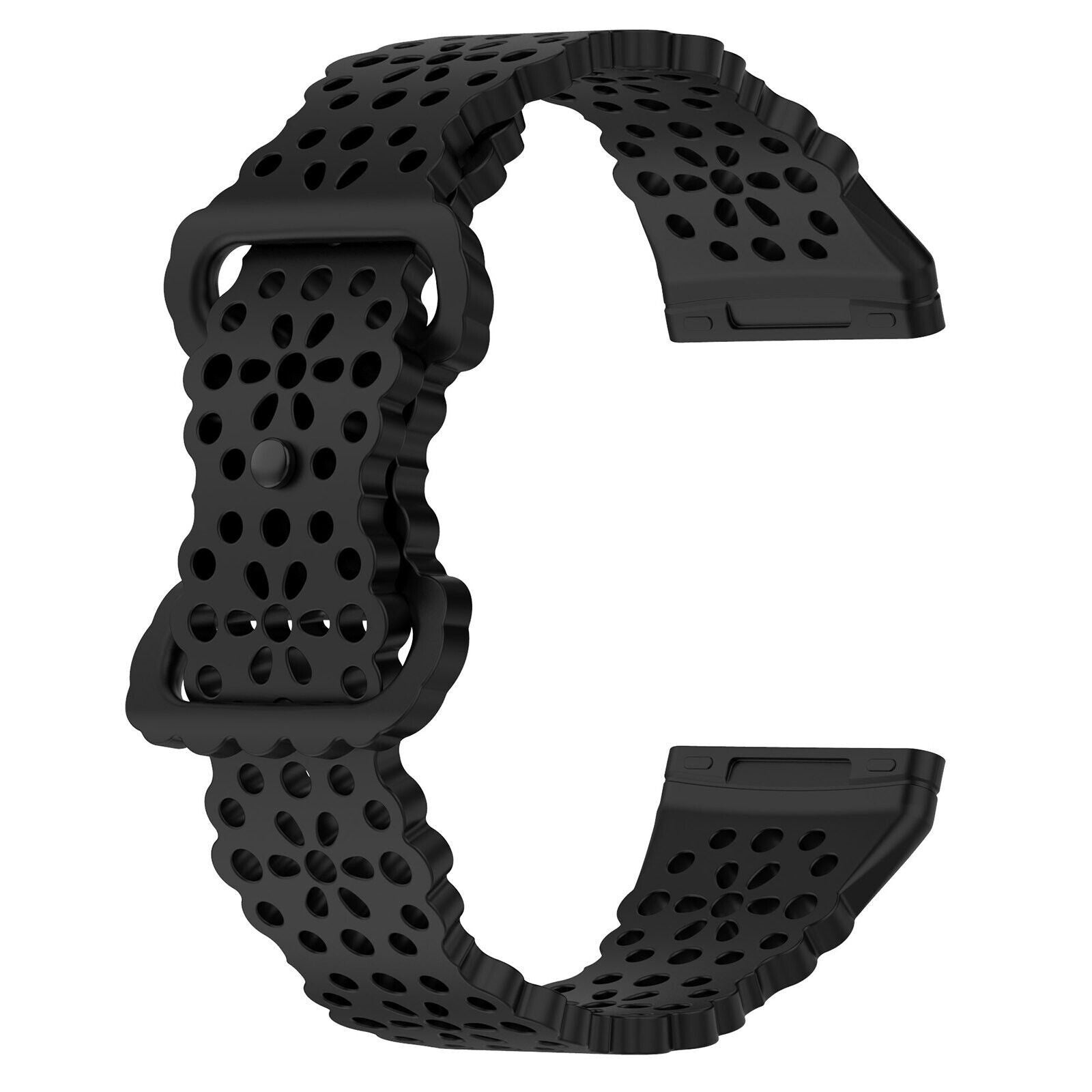 Ein schwarzes Uhrenarmband mit vielen Löchern. Es hat eine Schnalle auf der einen Seite und einen Verschluss auf der anderen Seite.