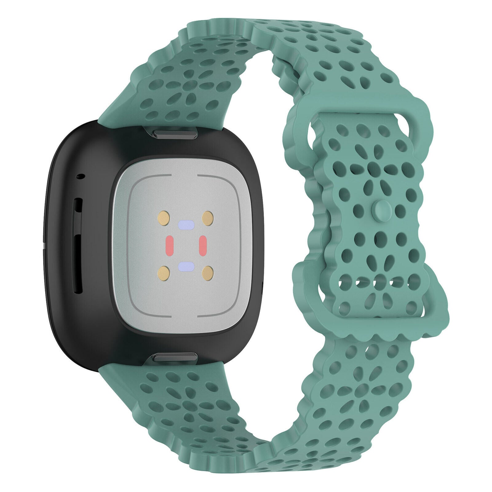 Eine schwarze Smartwatch mit mintgrünem Armband. Das Zifferblatt ist grau mit farbigen Punkten. Das Armband hat Lochmuster.