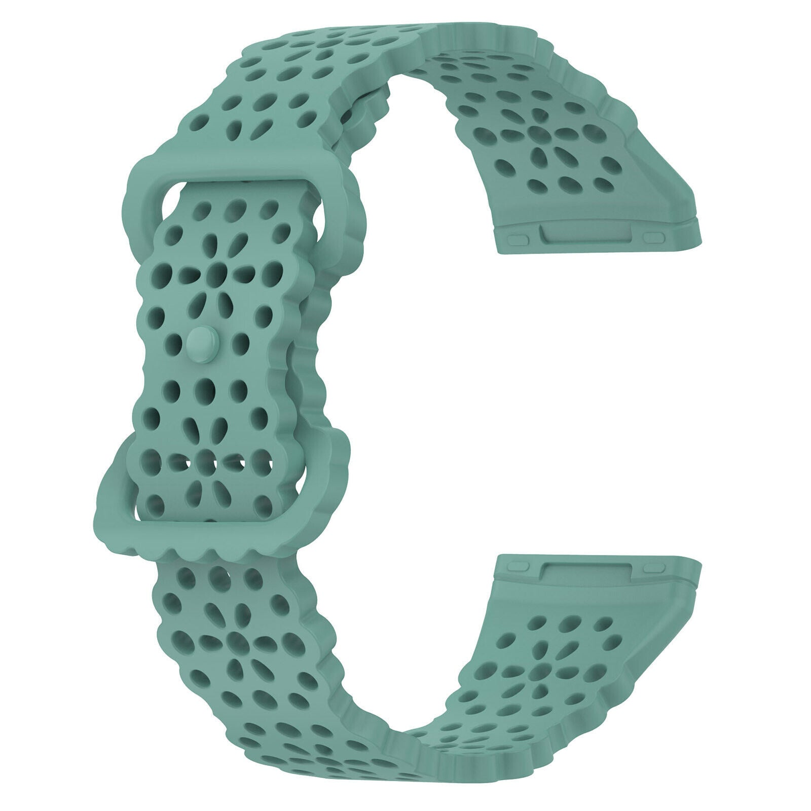 Ein hellgrünes Uhrenarmband mit vielen Löchern wird vor weißem Hintergrund gezeigt. Das Band ist gebogen und hat einen Verschluss.