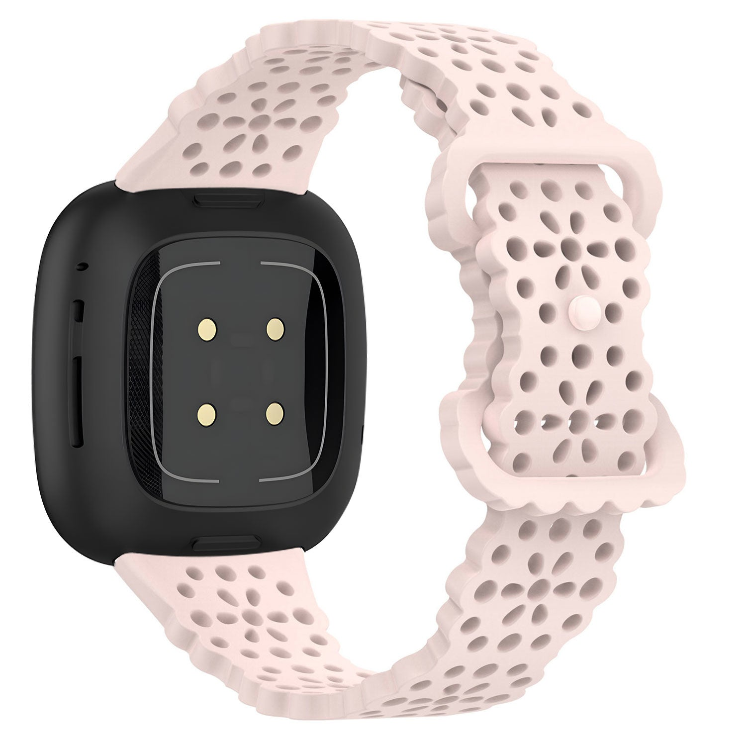 Eine schwarze Smartwatch mit einem hellrosa, perforierten Armband. Das Armband ist links mit dem Zifferblatt verbunden und hat rechts eine Schnalle.