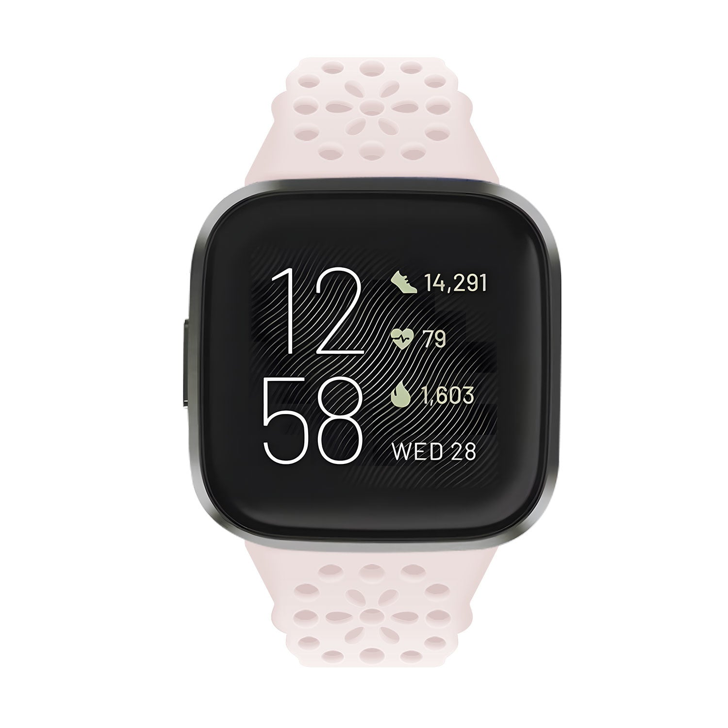 Eine Smartwatch mit schwarzem Bildschirm zeigt Zeit und Statistiken an. Es hat ein hellrosa Band mit Löchern. Die Uhrzeit ist 12:58 Uhr, Mittwoch, 28.