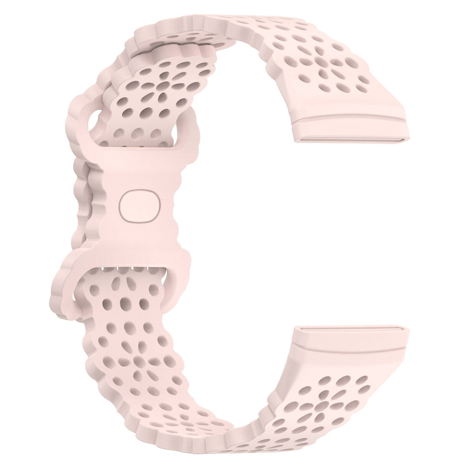 Hellrosa Uhrenarmband. Es ist mit vielen kleinen Löchern perforiert. Das Armband hat eine Schnalle und einen Verschluss, alles in der gleichen Farbe.