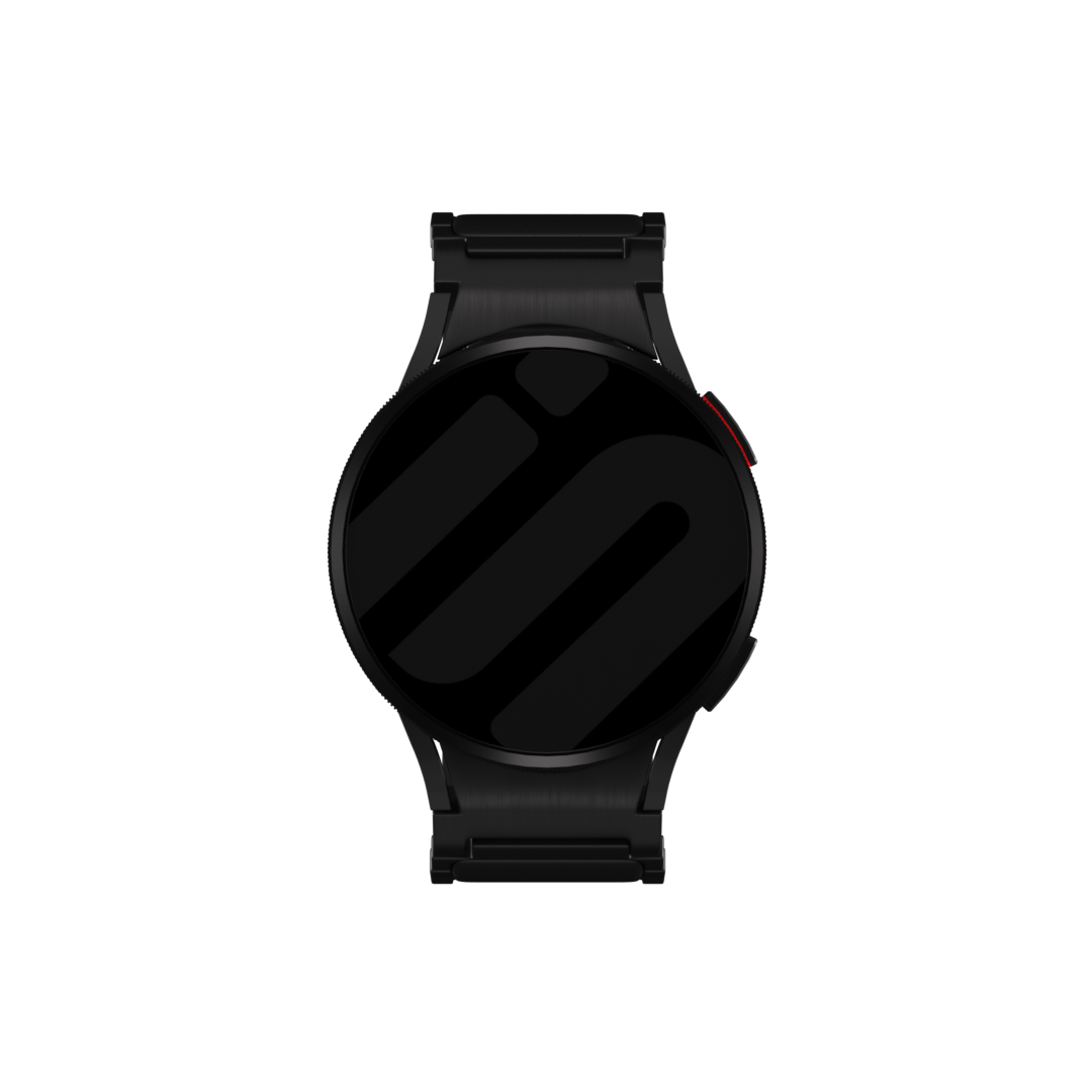 Schwarze Smartwatch mit Metallarmband, der Bildschirm zeigt eine dunkle Grafik und einen roten Knopf auf schwarzem Hintergrund.