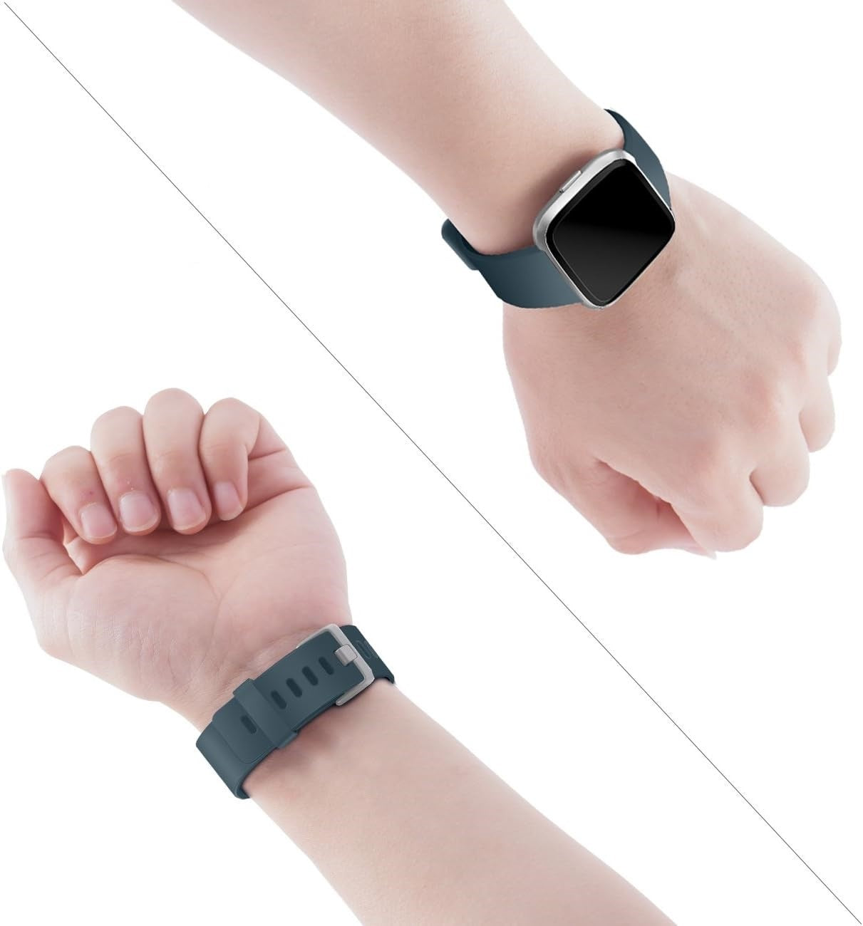 Zwei Hände zeigen eine tealfarbene Smartwatch. Die Uhr hat ein quadratisches Zifferblatt und ein passendes Armband. Eine Hand zeigt den Verschluss.