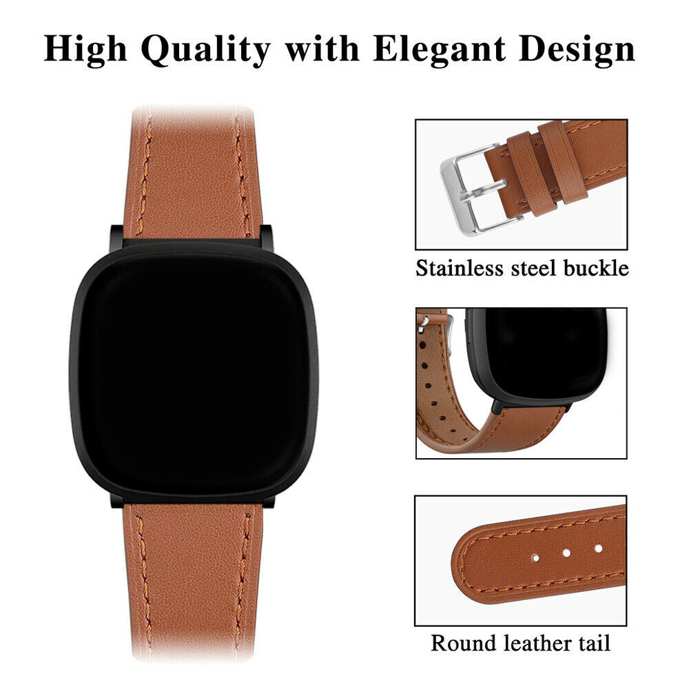 Eine Smartwatch mit Lederarmband wird angezeigt. Details zeigen eine Edelstahlschnalle und ein rundes Lederende.
