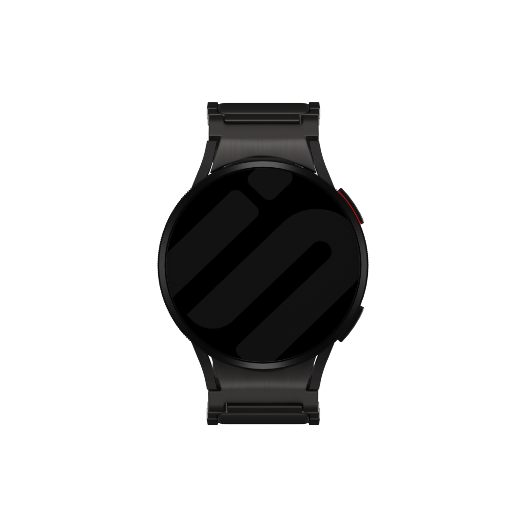 Eine schwarze Smartwatch mit rundem Zifferblatt, Metallarmband und rotem Akzentknopf. Der Hintergrund ist tiefschwarz.