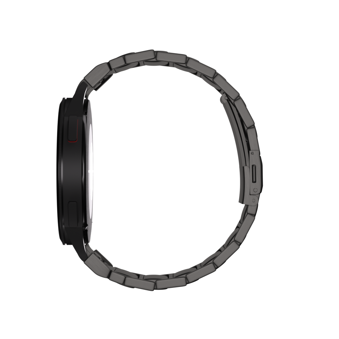 Eine schwarze Smartwatch im Profil. Die Uhr hat ein Metallband. Der Hintergrund ist schlicht schwarz.