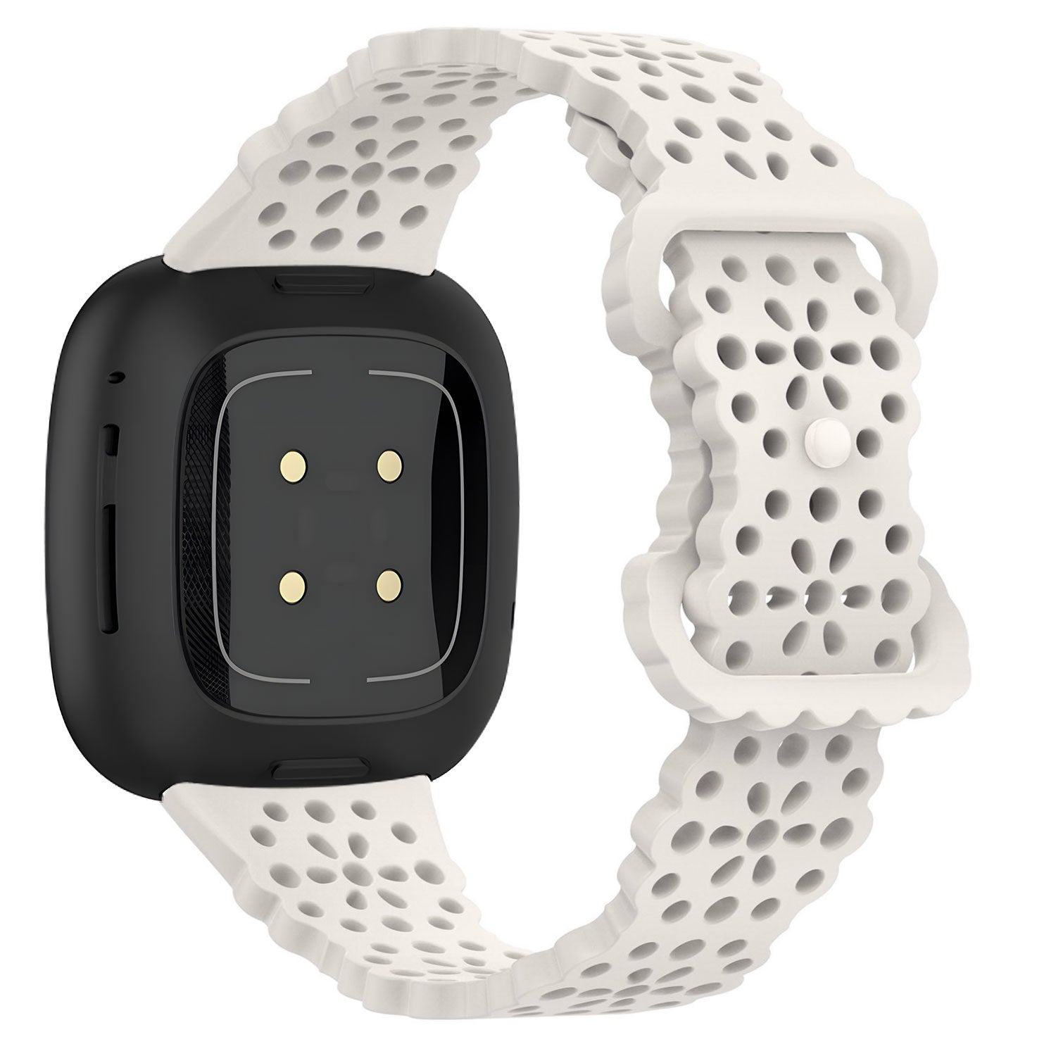 Eine schwarze Smartwatch mit weißem, perforiertem Armband. Das Zifferblatt ist schwarz mit goldenen Punkten. Das Armband hat eine Schnalle.