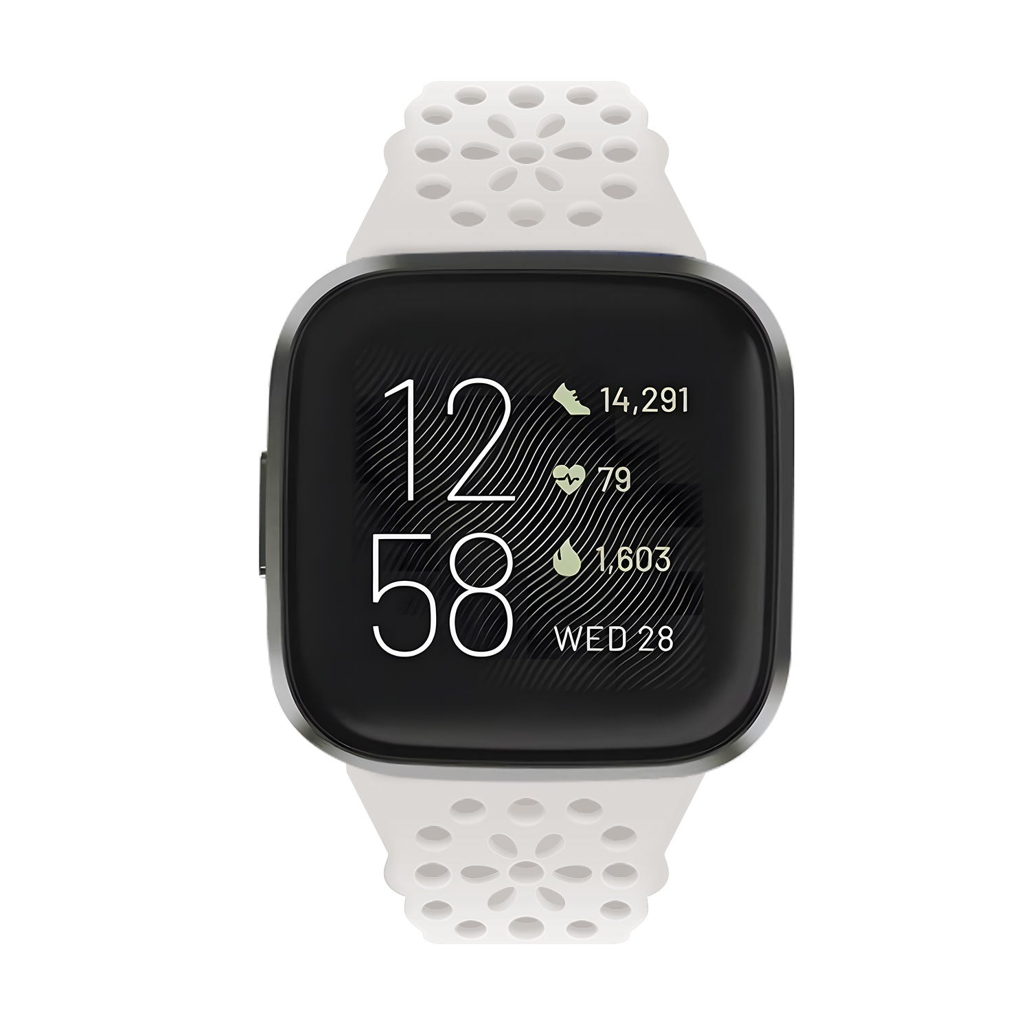 Smartwatch mit weißem Armband, die die Uhrzeit 12:58, Schritte, Herzfrequenz und Tag anzeigt. Das Armband hat dekorative Löcher.