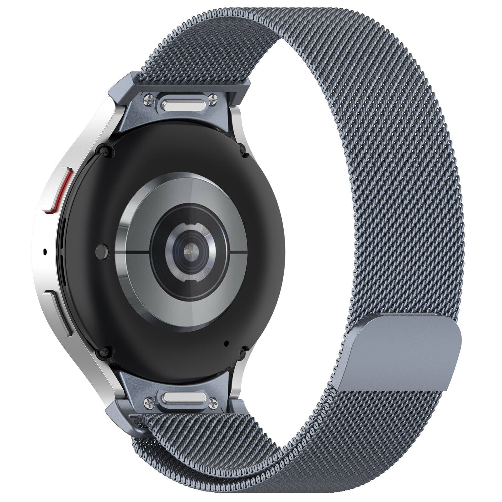 Nahaufnahme einer Smartwatch mit Metallmaschenband. Das Uhrengehäuse ist schwarz und silber. Das Band biegt sich.