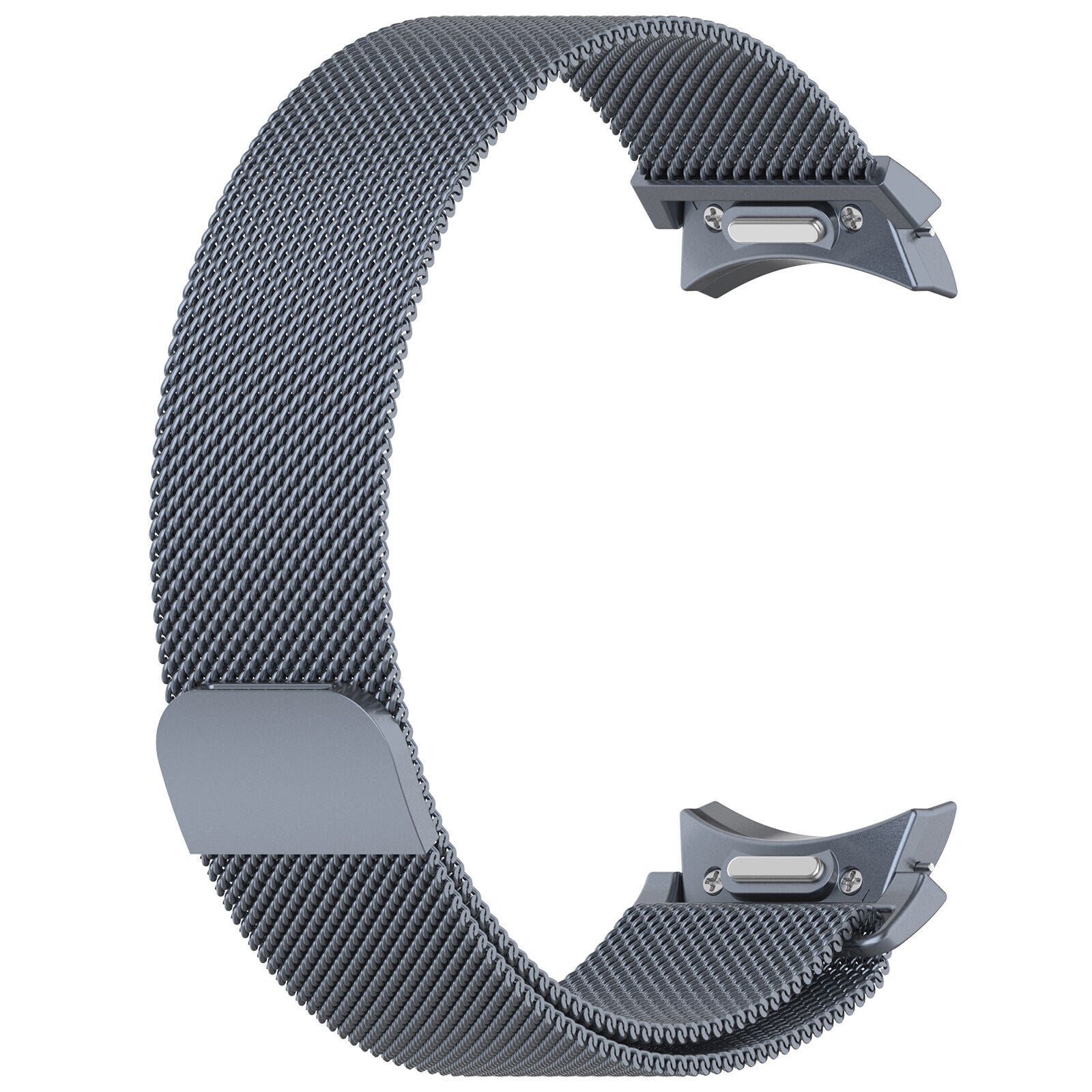 Ein silbergraues Metall-Mesh-Uhrenarmband. Das Armband ist gebogen und hat an beiden Enden Verschlussanschlüsse, alles auf weißem Hintergrund.