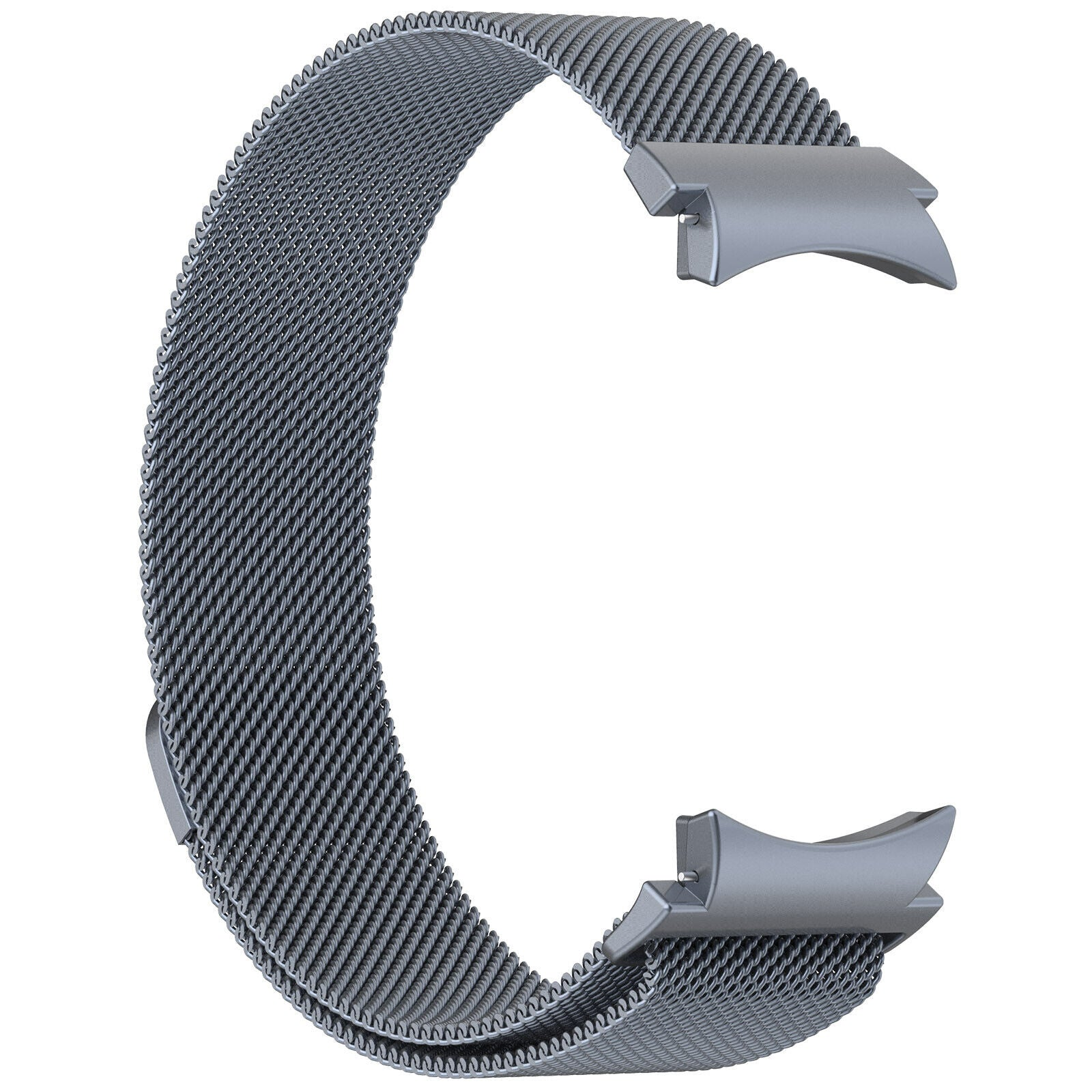 Ein graues Metall-Uhrenarmband in C-Form. Es hat ein gewebtes Mesh-Design und zwei Verschlussverbinder.