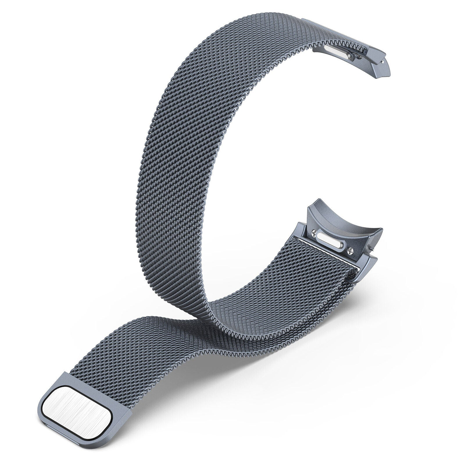 Ein graues Metall-Mesh-Uhrenarmband auf weißem Hintergrund. Das Band ist gebogen und hat an beiden Enden Verschlüsse.