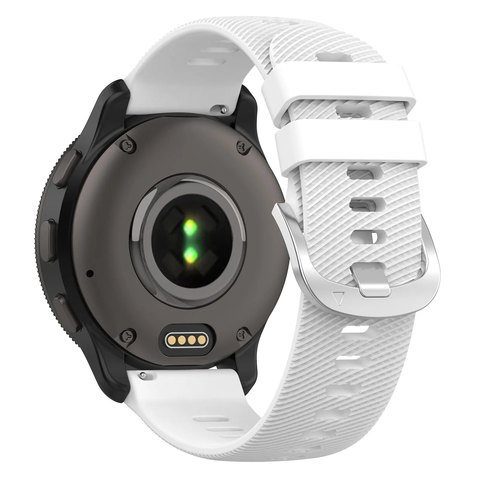 Schwarze Smartwatch mit weißem Armband. Sie hat eine dunkelgraue Rückseite mit Herzfrequenzsensor und drei Knöpfen.