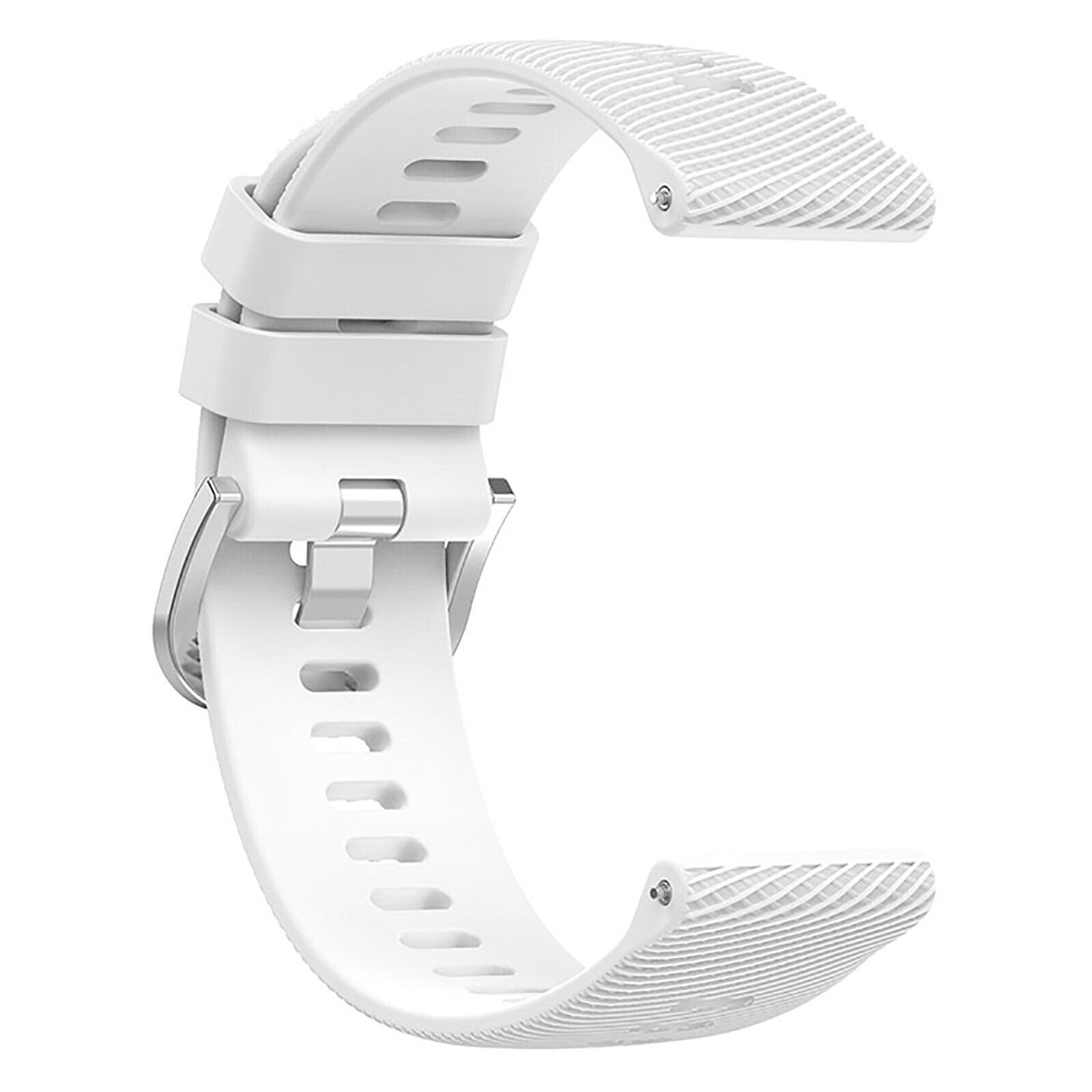 Ein weißes Uhrenarmband ist gewölbt. Es hat Löcher und ein strukturiertes Muster. Eine silberne Schließe ist sichtbar.