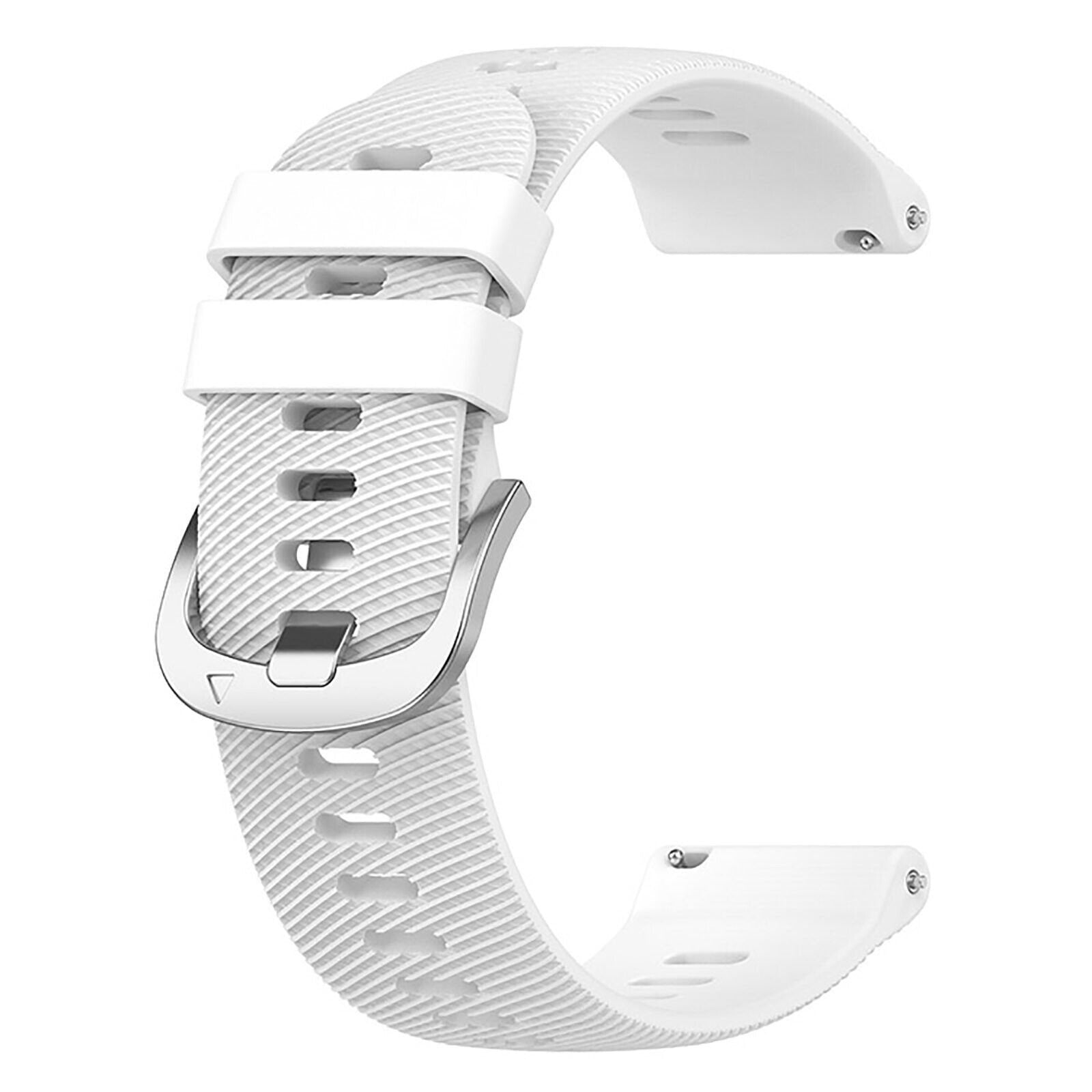 Weißes Uhrenarmband mit strukturierter Oberfläche und silberner Schnalle. Der Riemen hat Löcher zur Anpassung.