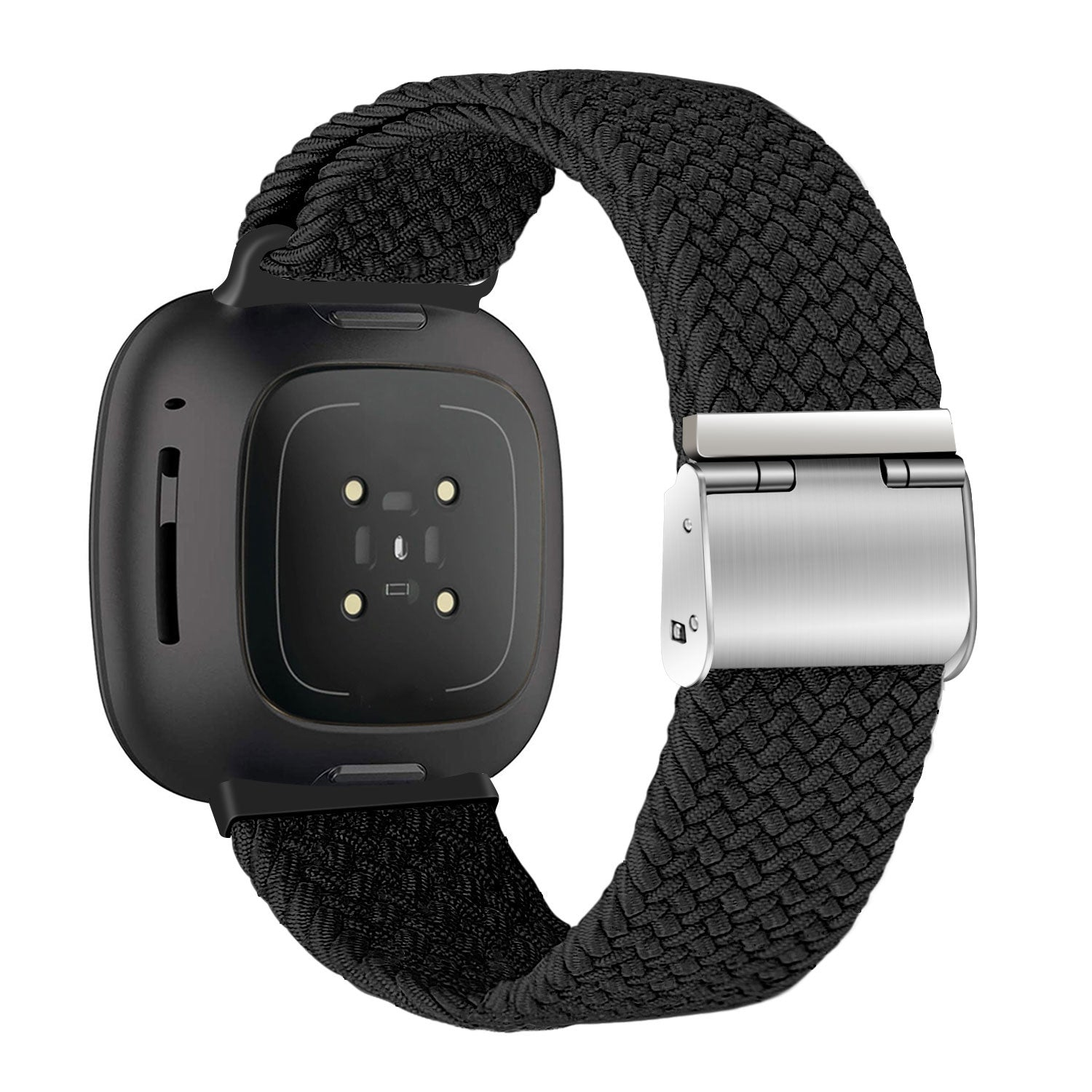 Schwarze Smartwatch mit geflochtenem Armband und silberner Schließe. Das Zifferblatt ist schwarz mit Sensoren und einem Bildschirm.