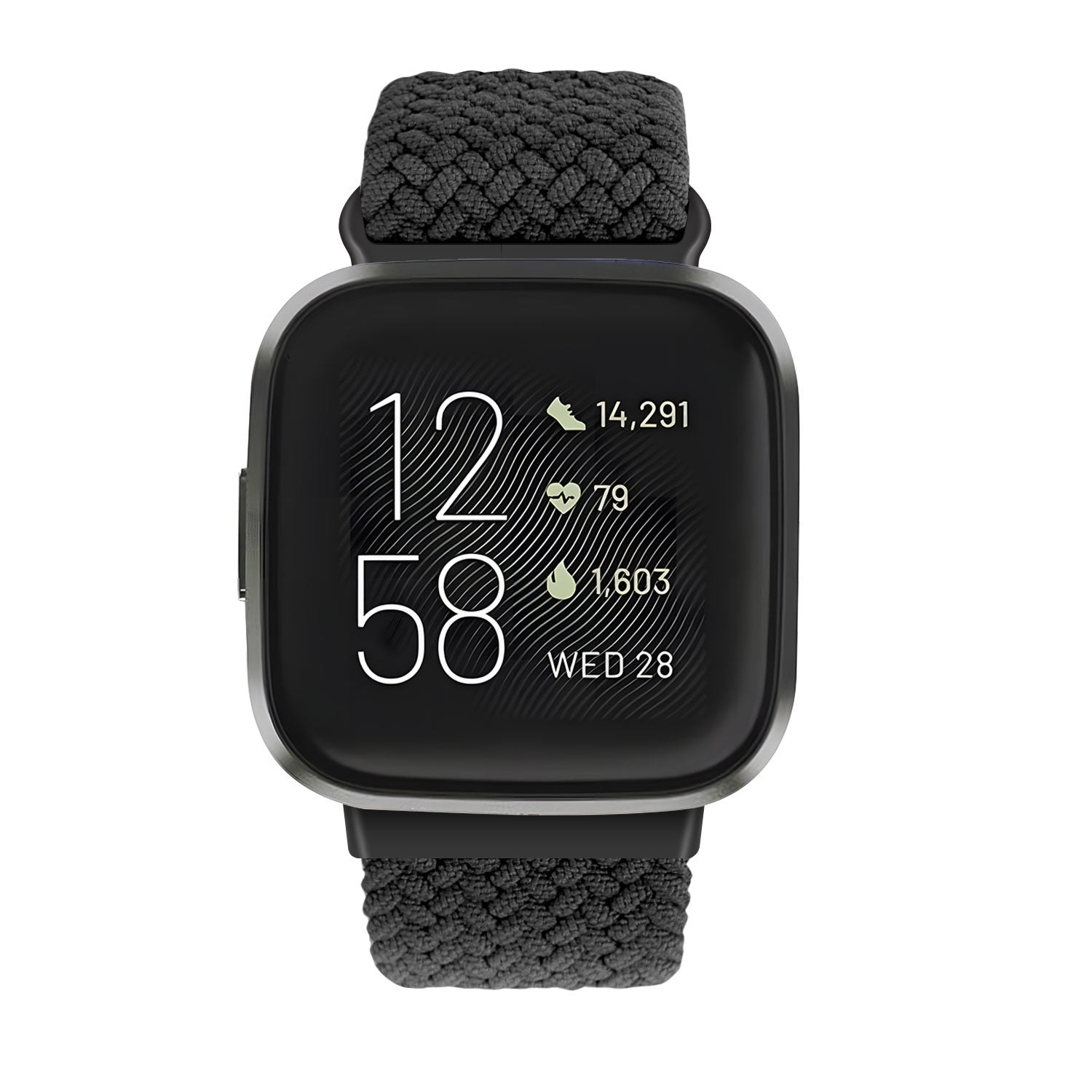 Schwarze Smartwatch mit grauem geflochtenem Armband. Der Bildschirm zeigt Zeit und Aktivitätsstatistiken. Die Uhr ist vor weißem Hintergrund.