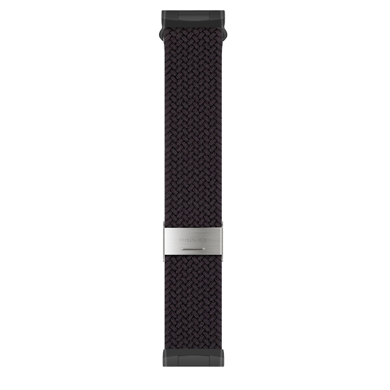 Ein schwarzes, gewebtes Uhrenarmband mit Edelstahlverschluss. Das Armband ist auf weißem Hintergrund zentriert, oben und unten sind schwarz.