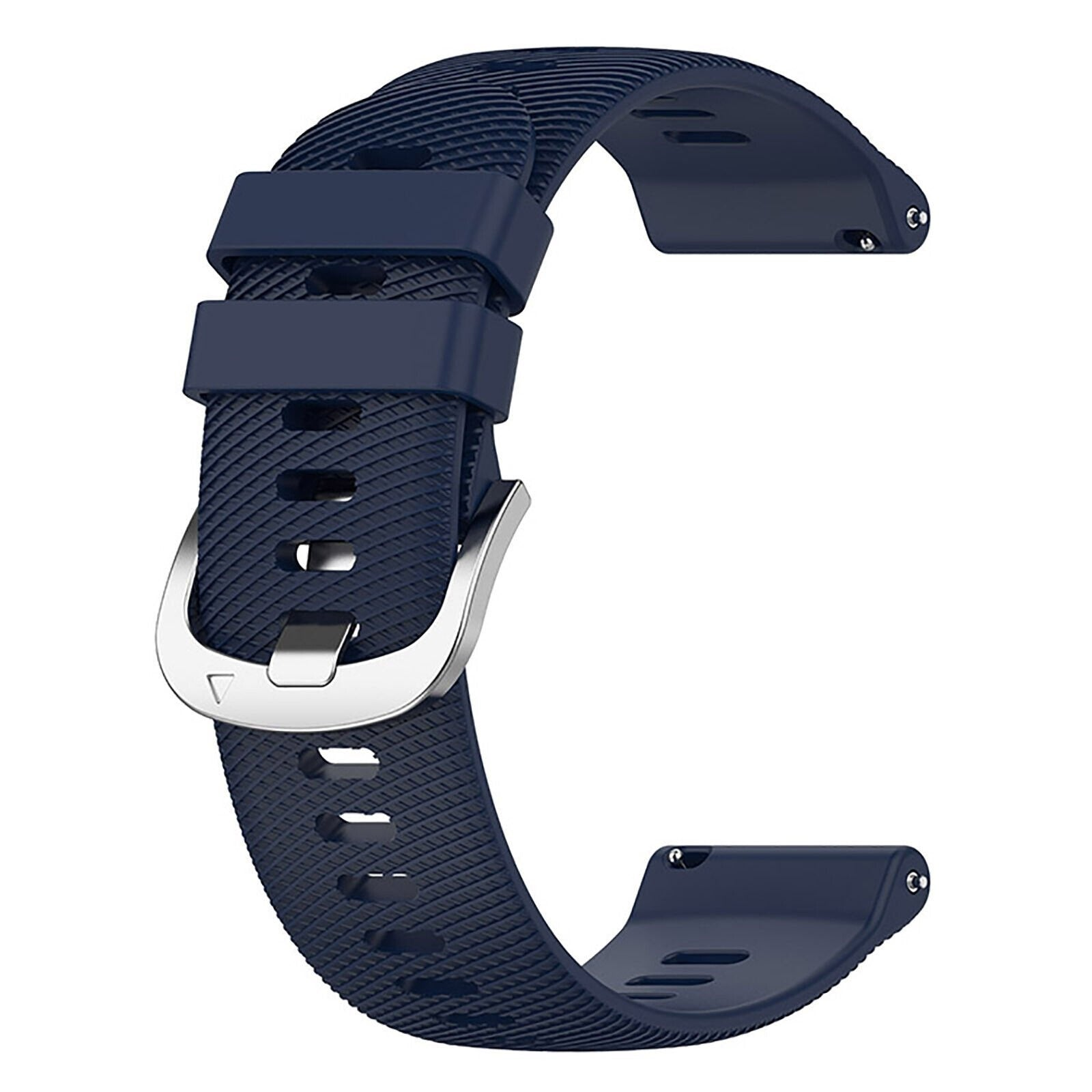 Ein marineblaues Uhrenarmband mit einer silbernen Schnalle. Das Armband ist strukturiert und gebogen. Die Schnalle ist silbern.