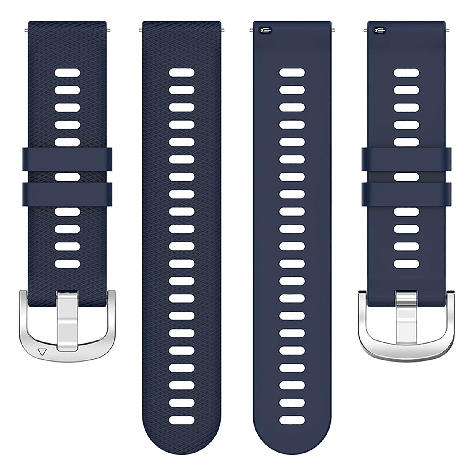 Vier dunkelblaue Uhrenarmbänder mit silbernen Schnallen werden angezeigt. Jedes Band hat Löcher und ist für eine Smartwatch.