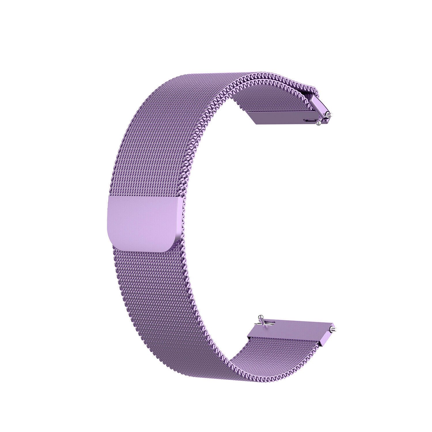 Ein lilafarbenes Armband in C-Form vor weißem Hintergrund. Das Armband besteht aus einem Mesh-Material.