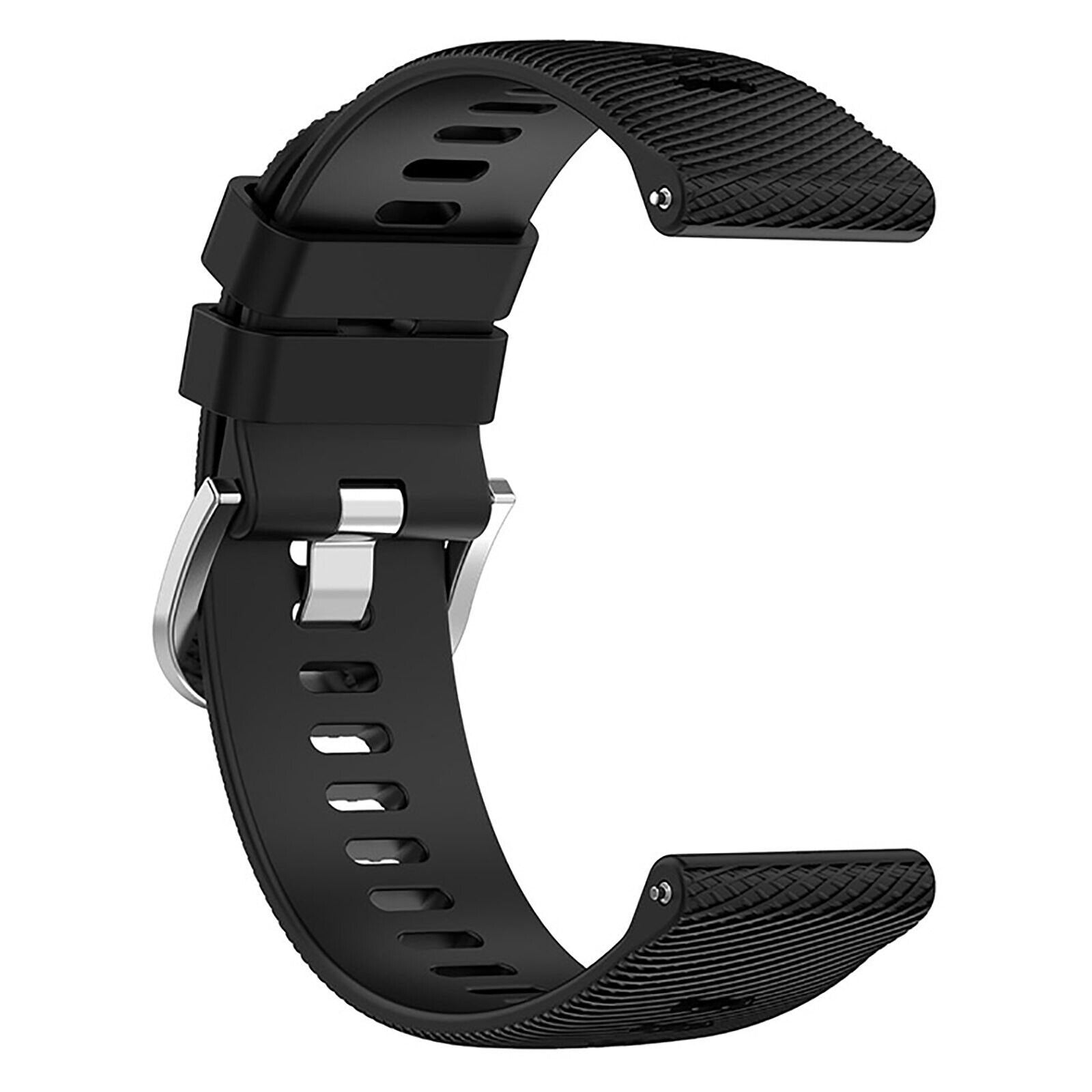 Schwarzes Armband in C-Form mit Metallschnalle. Das Armband besteht aus strukturiertem Gummi. Der Hintergrund ist weiß.