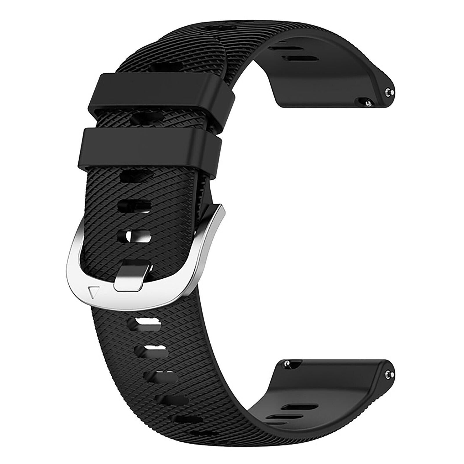Ein schwarzes Uhrenarmband mit silberner Schnalle. Das Armband ist strukturiert und hat mehrere Löcher.