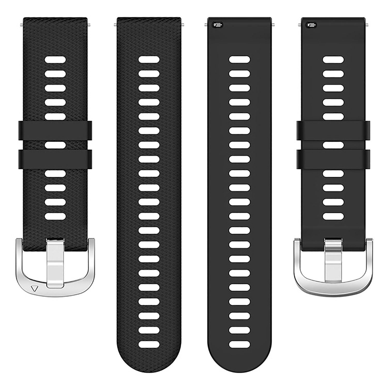 Vier schwarze Uhrenarmbänder mit silbernen Schnallen. Jeder Riemen hat mehrere Löcher zur Anpassung. Die Riemen sind auf weißem Hintergrund.